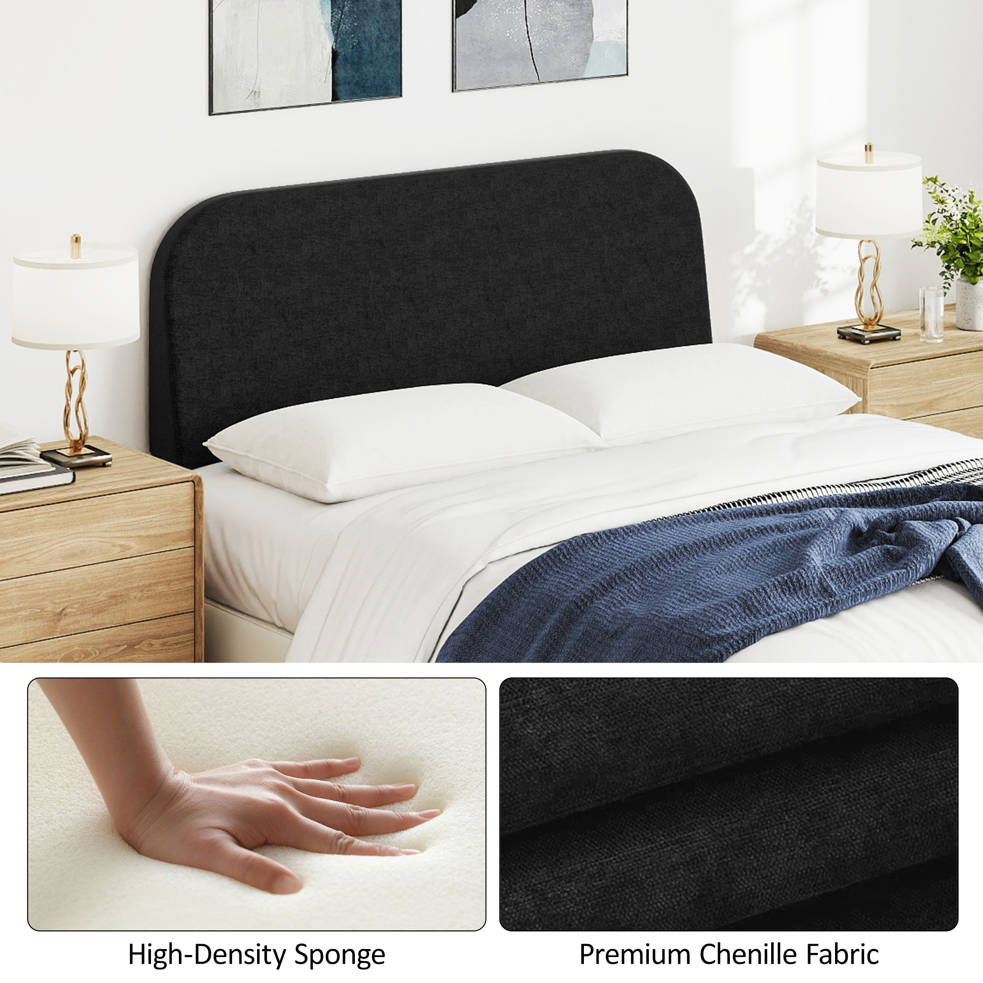 Full Size No-Assembly 6" Thick Upholstered T-Shaped Headboard, Soft Linen Padded Wedge Backrest for Platform Beds & Metal Bed Frames, Fits 6"-15" Mattresses, Headboard Only- Black