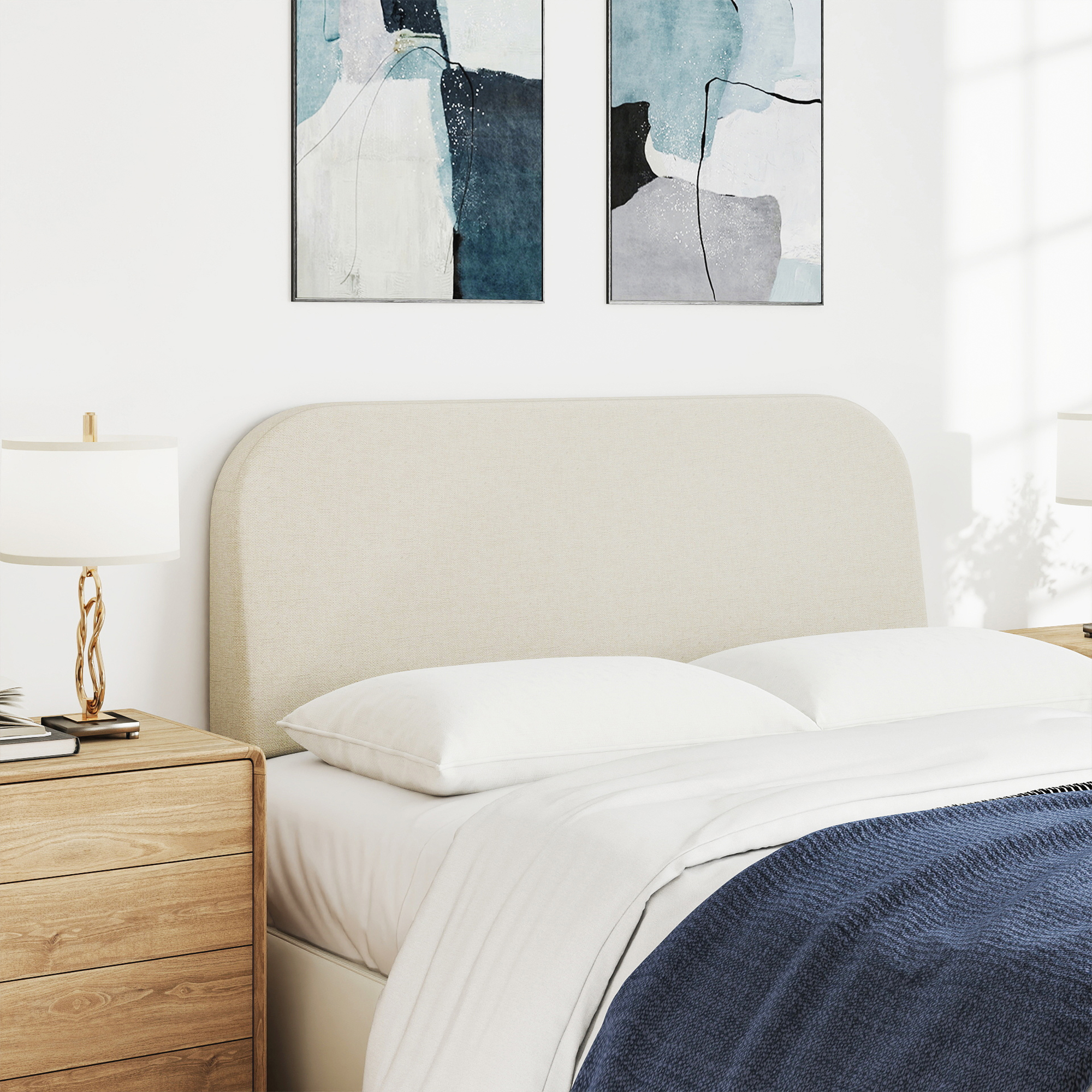 Full Size No-Assembly 6" Thick Upholstered T-Shaped Headboard, Soft Linen Padded Wedge Backrest for Platform Beds & Metal Bed Frames, Fits 6"-15" Mattresses, Headboard Only- Beige