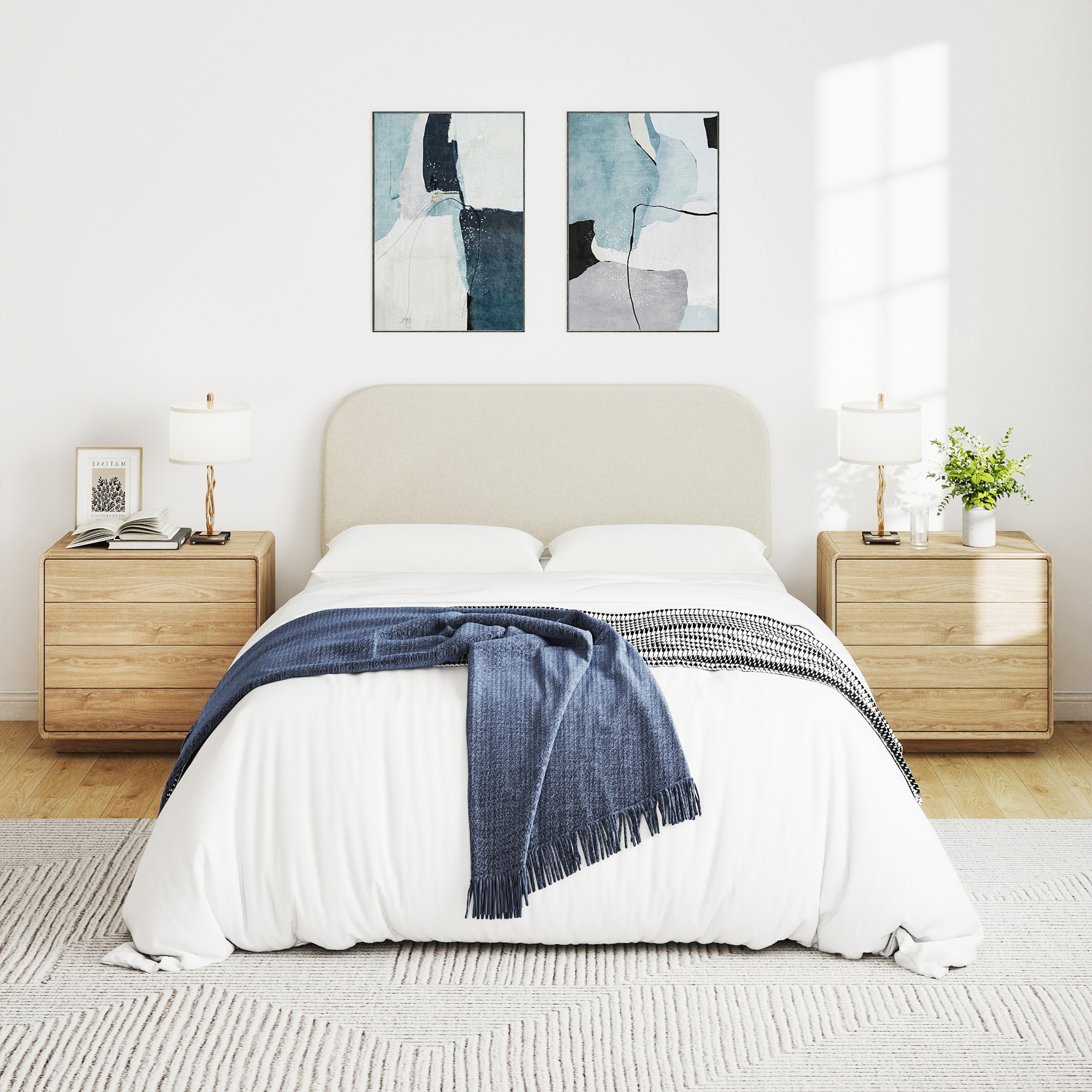 Full Size No-Assembly 6" Thick Upholstered T-Shaped Headboard, Soft Linen Padded Wedge Backrest for Platform Beds & Metal Bed Frames, Fits 6"-15" Mattresses, Headboard Only- Beige