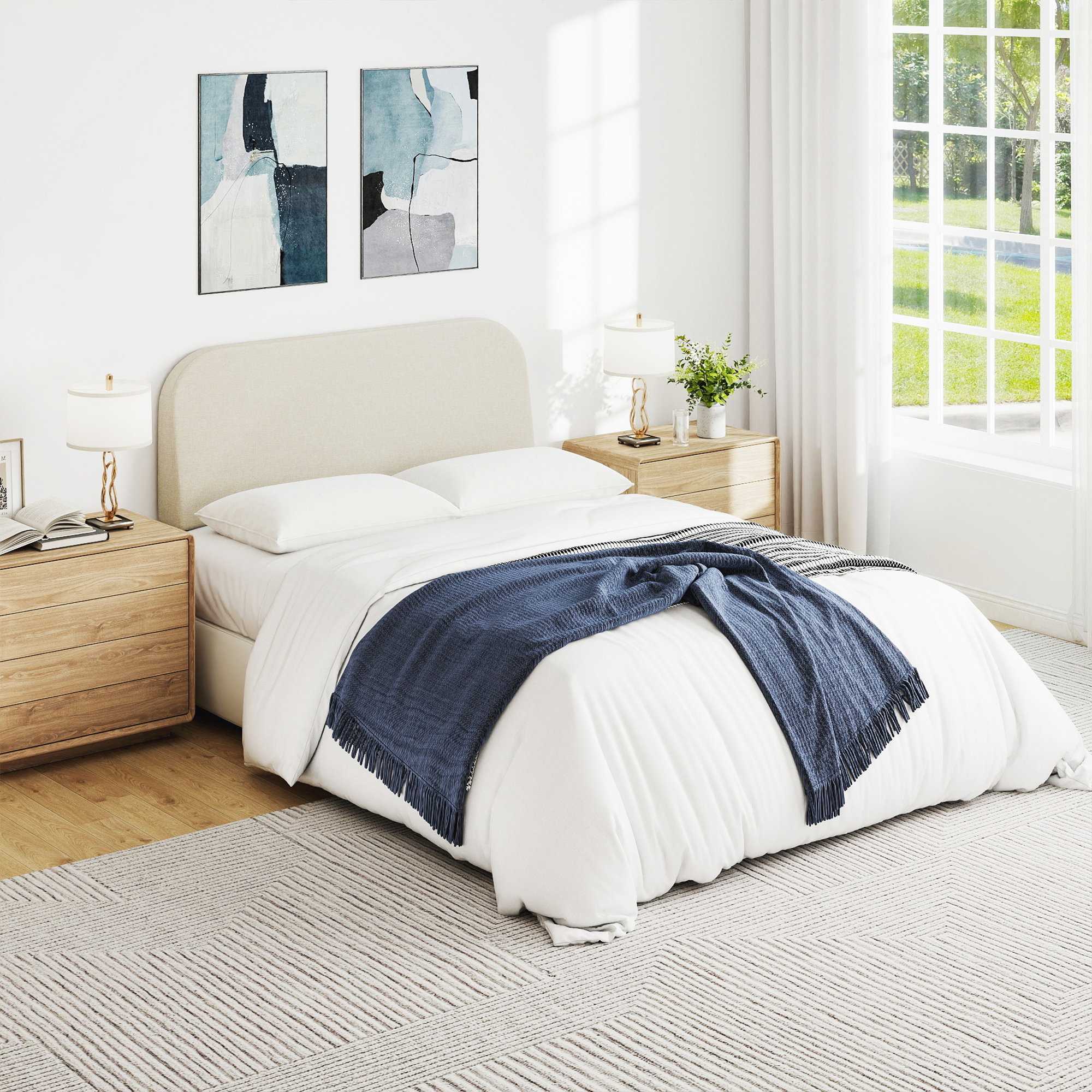Full Size No-Assembly 6" Thick Upholstered T-Shaped Headboard, Soft Linen Padded Wedge Backrest for Platform Beds & Metal Bed Frames, Fits 6"-15" Mattresses, Headboard Only- Beige
