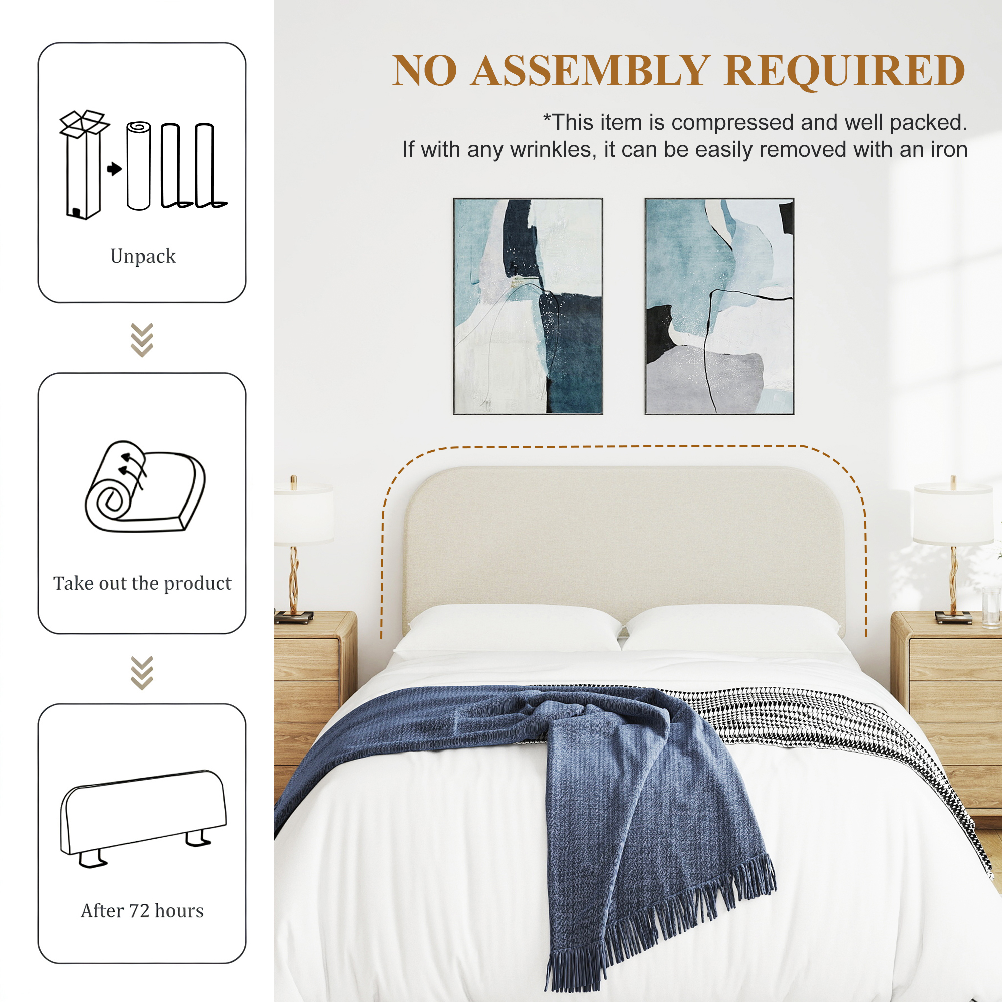Full Size No-Assembly 6" Thick Upholstered T-Shaped Headboard, Soft Linen Padded Wedge Backrest for Platform Beds & Metal Bed Frames, Fits 6"-15" Mattresses, Headboard Only- Beige