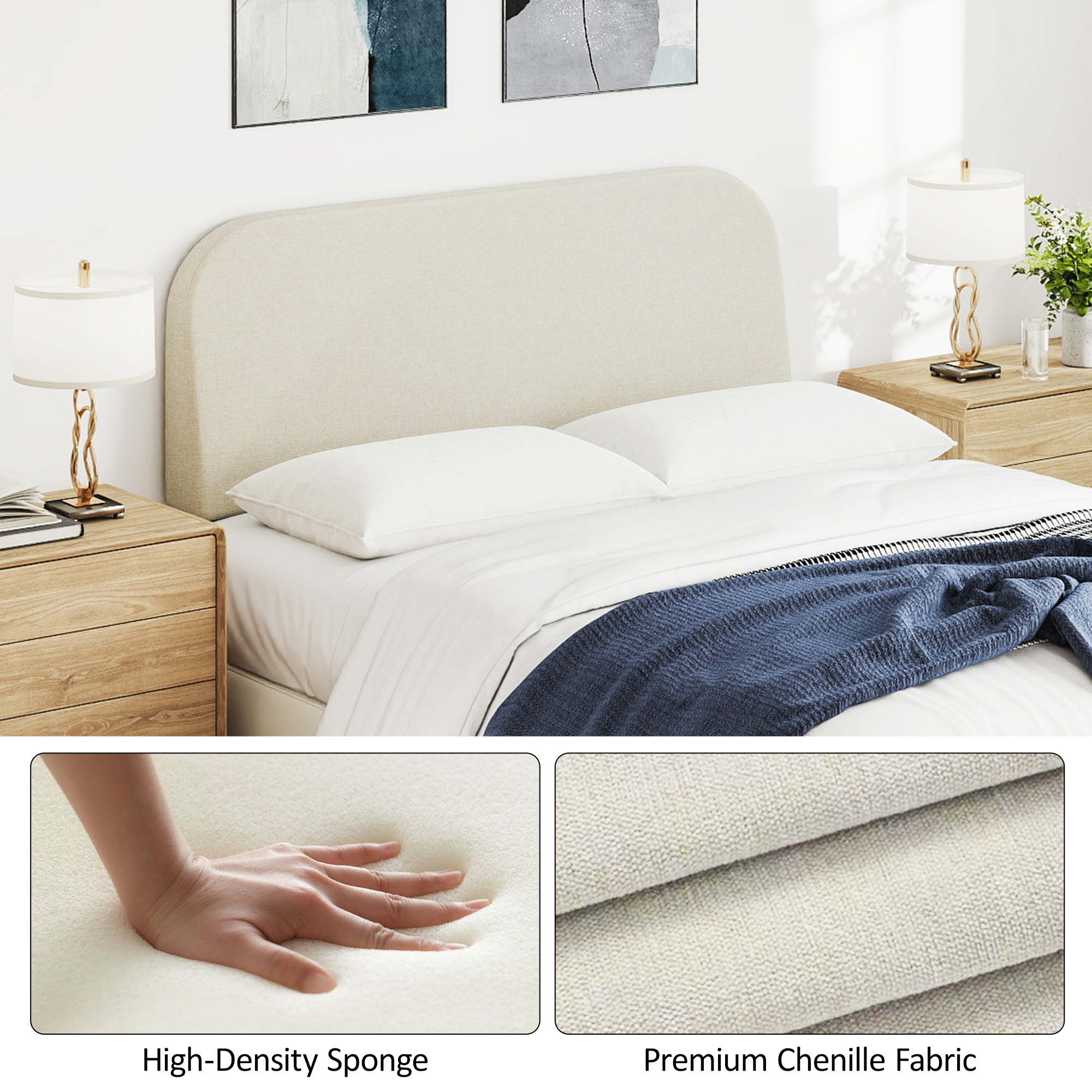 Full Size No-Assembly 6" Thick Upholstered T-Shaped Headboard, Soft Linen Padded Wedge Backrest for Platform Beds & Metal Bed Frames, Fits 6"-15" Mattresses, Headboard Only- Beige