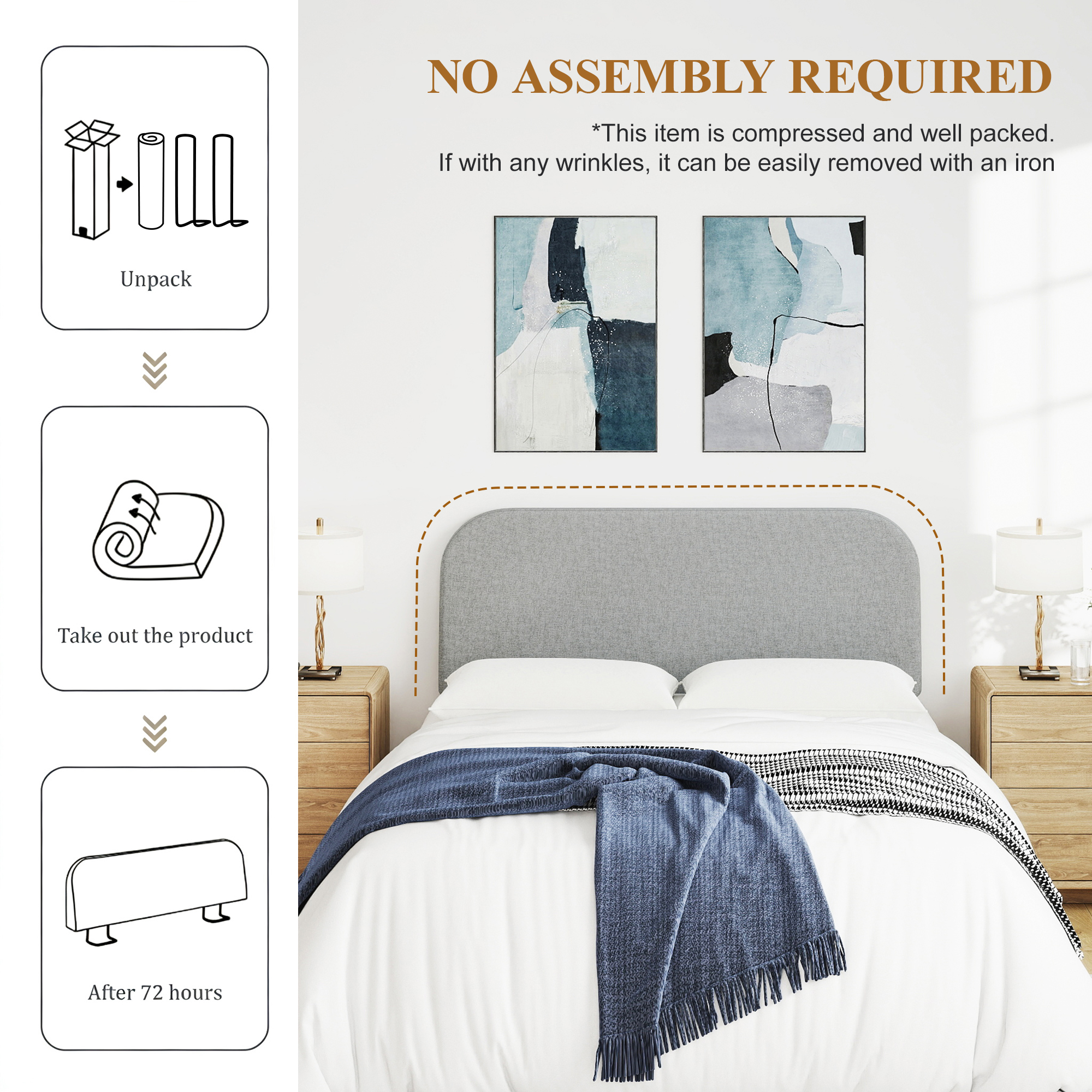 Full Size No-Assembly 6" Thick Upholstered T-Shaped Headboard, Soft Linen Padded Wedge Backrest for Platform Beds & Metal Bed Frames, Fits 6"-15" Mattresses, Headboard Only- Light Gray