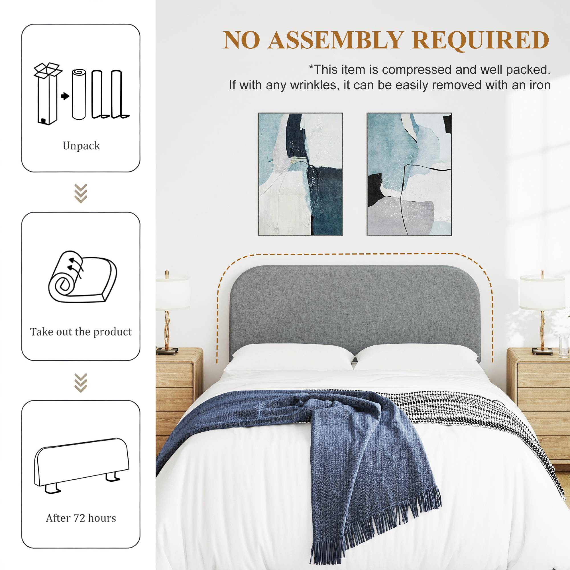 Full Size No-Assembly 6" Thick Upholstered T-Shaped Headboard, Soft Linen Padded Wedge Backrest for Platform Beds & Metal Bed Frames, Fits 6"-15" Mattresses, Headboard Only- Dark Gray