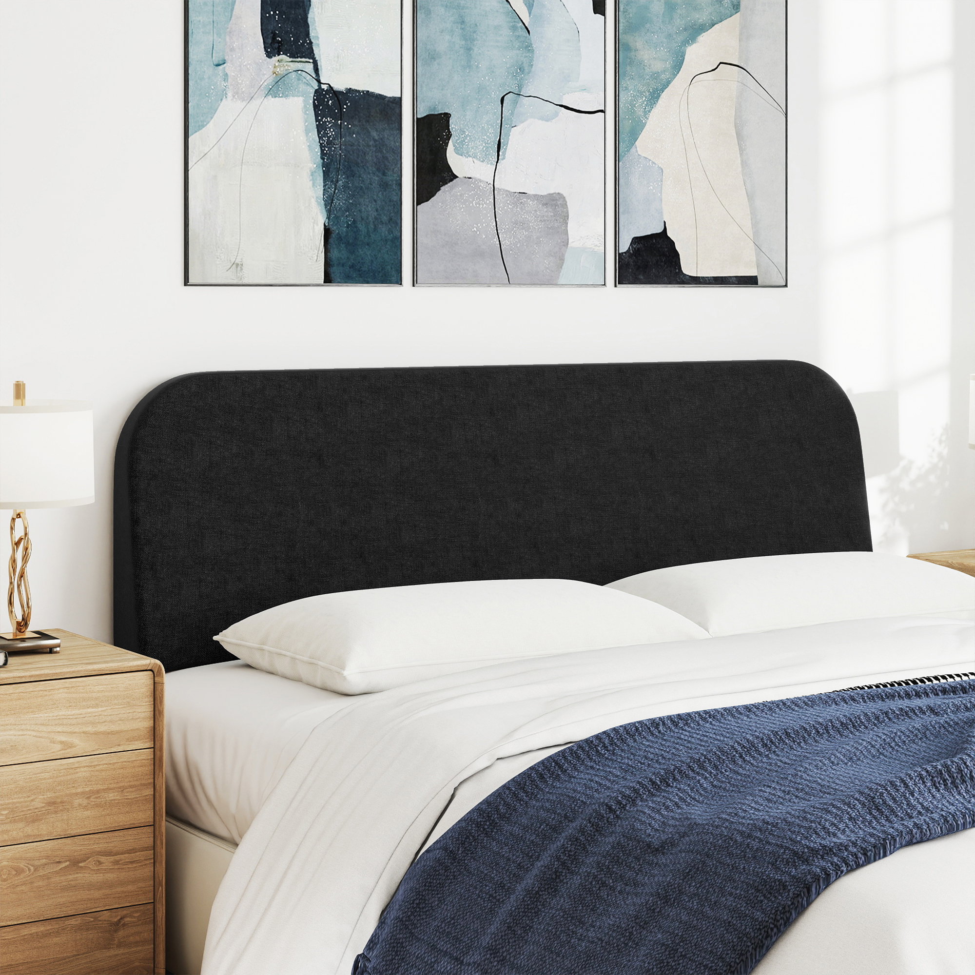 King Size No-Assembly 6" Thick Upholstered T-Shaped Headboard, Soft Linen Padded Wedge Backrest for Platform Beds & Metal Bed Frames, Fits 6"-15" Mattresses, Headboard Only- Black