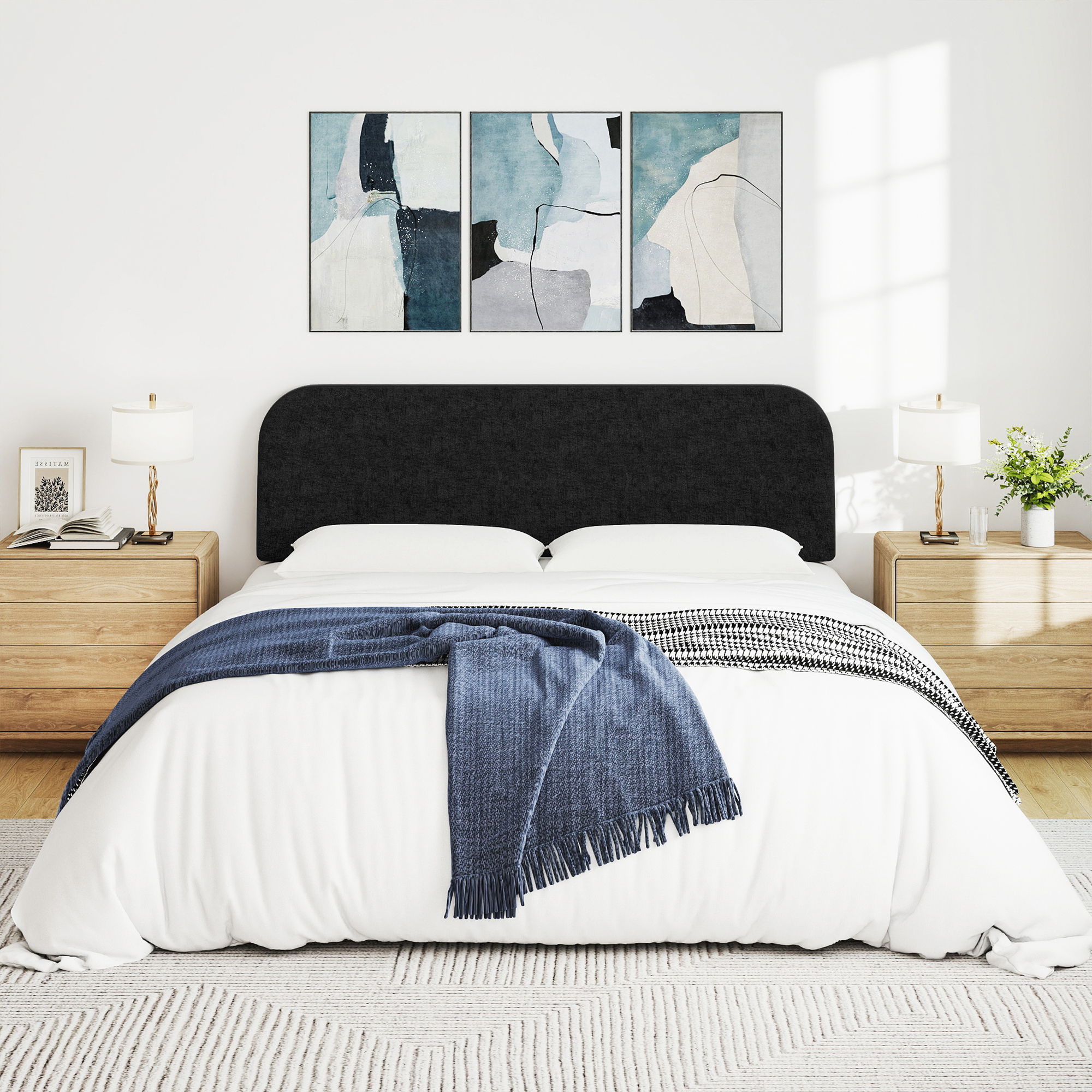 King Size No-Assembly 6" Thick Upholstered T-Shaped Headboard, Soft Linen Padded Wedge Backrest for Platform Beds & Metal Bed Frames, Fits 6"-15" Mattresses, Headboard Only- Black