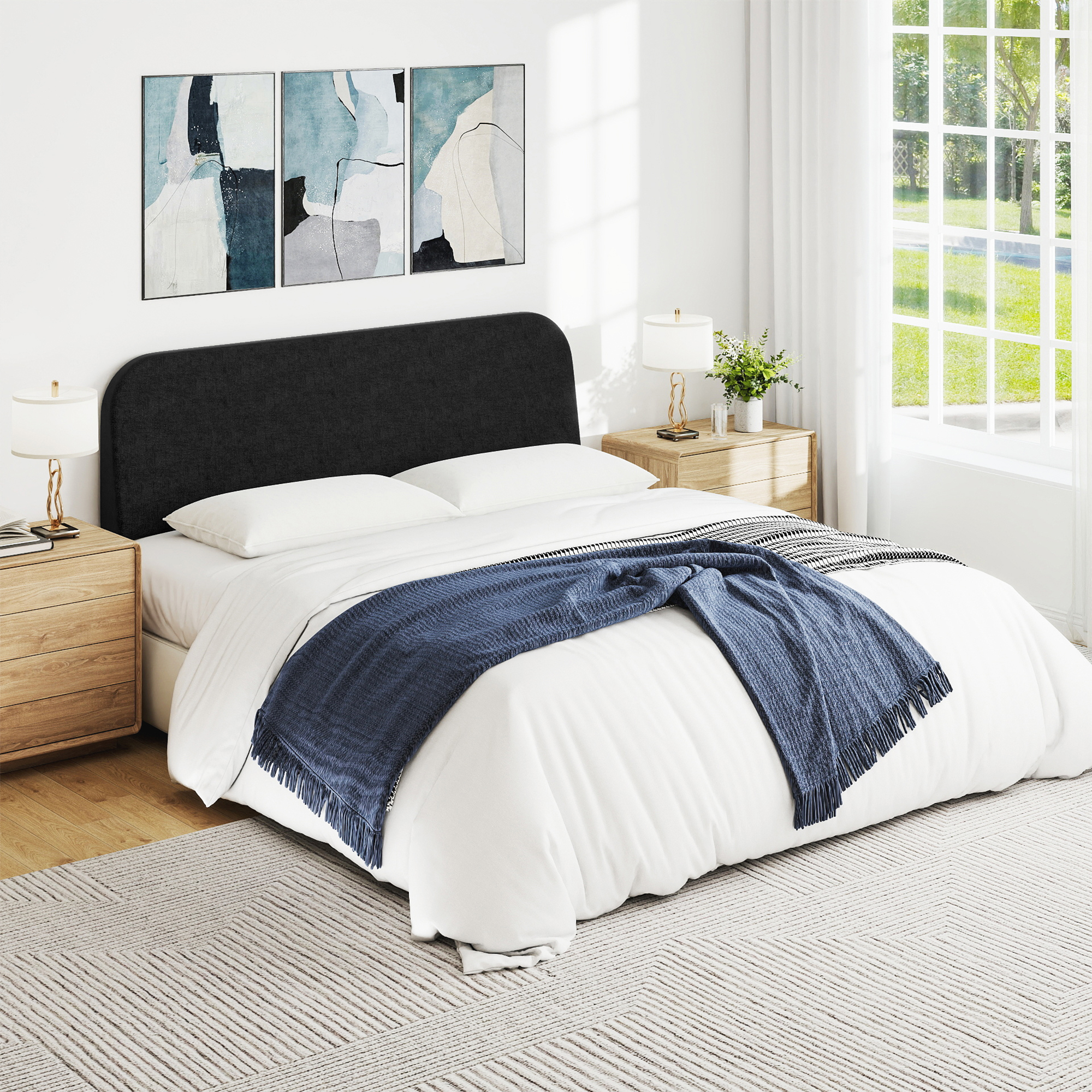 King Size No-Assembly 6" Thick Upholstered T-Shaped Headboard, Soft Linen Padded Wedge Backrest for Platform Beds & Metal Bed Frames, Fits 6"-15" Mattresses, Headboard Only- Black