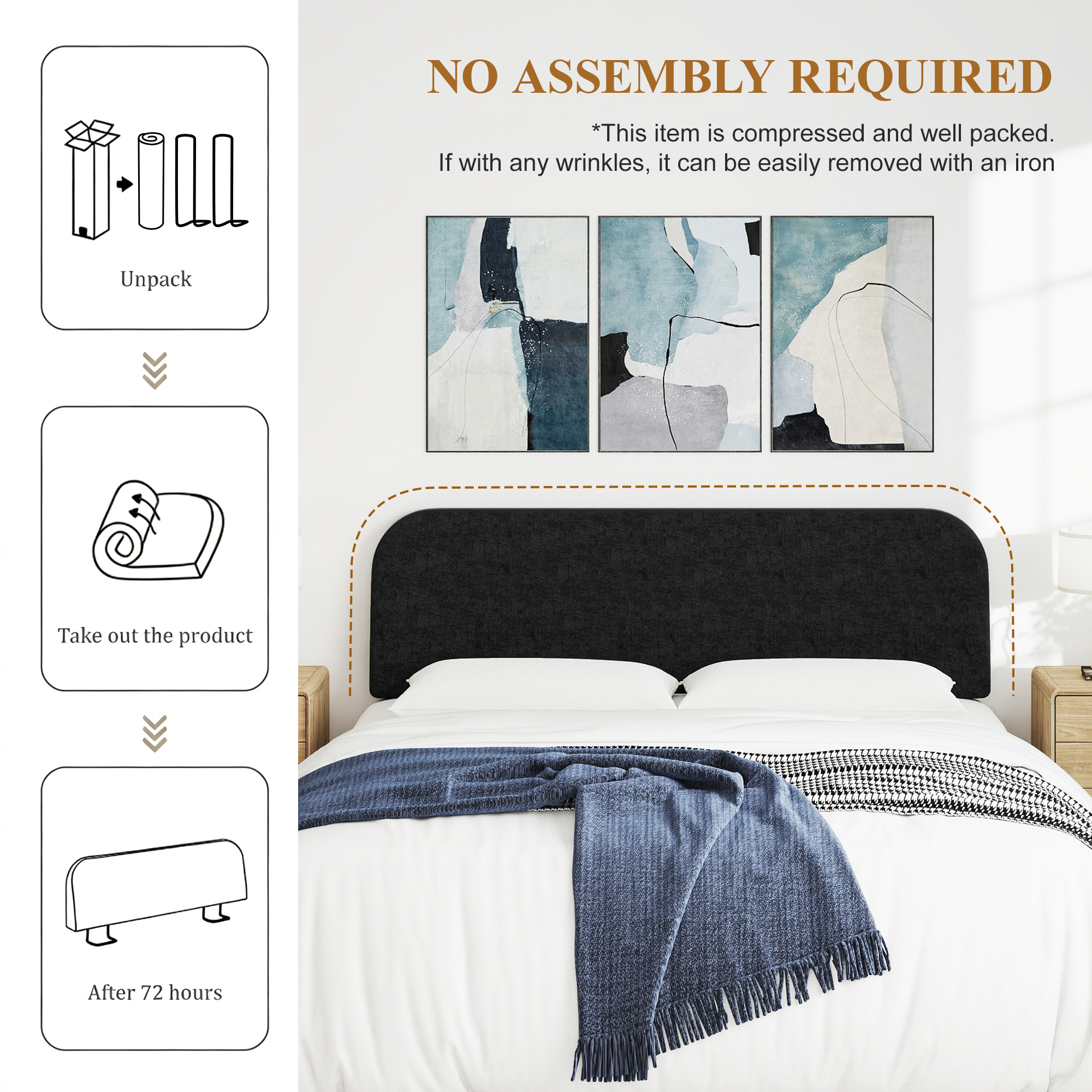 King Size No-Assembly 6" Thick Upholstered T-Shaped Headboard, Soft Linen Padded Wedge Backrest for Platform Beds & Metal Bed Frames, Fits 6"-15" Mattresses, Headboard Only- Black
