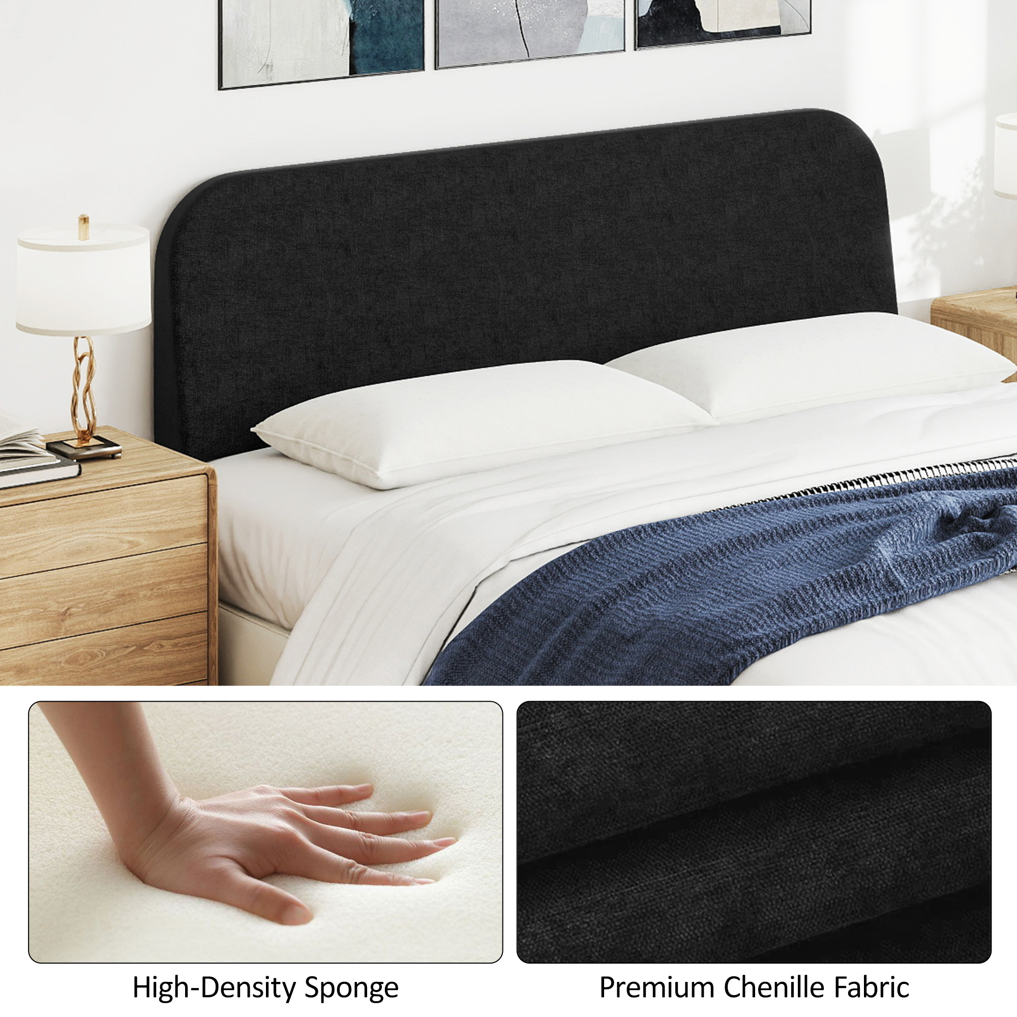 King Size No-Assembly 6" Thick Upholstered T-Shaped Headboard, Soft Linen Padded Wedge Backrest for Platform Beds & Metal Bed Frames, Fits 6"-15" Mattresses, Headboard Only- Black