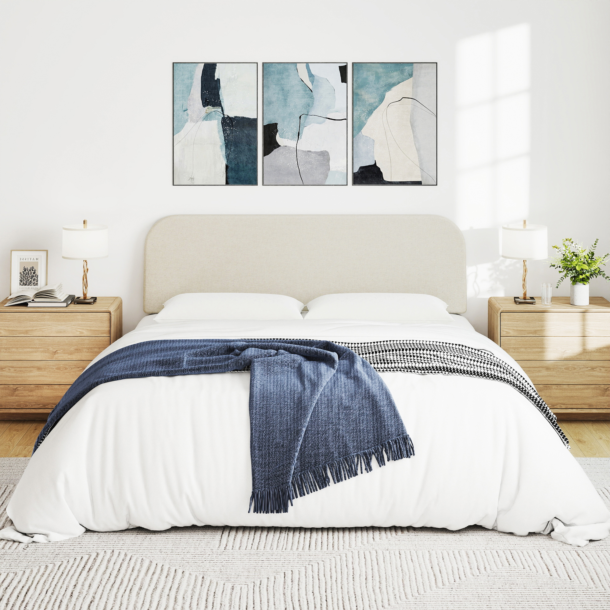 King Size No-Assembly 6" Thick Upholstered T-Shaped Headboard, Soft Linen Padded Wedge Backrest for Platform Beds & Metal Bed Frames, Fits 6"-15" Mattresses, Headboard Only- Beige
