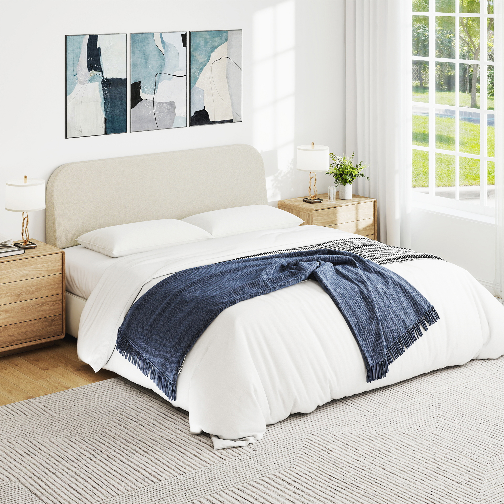King Size No-Assembly 6" Thick Upholstered T-Shaped Headboard, Soft Linen Padded Wedge Backrest for Platform Beds & Metal Bed Frames, Fits 6"-15" Mattresses, Headboard Only- Beige
