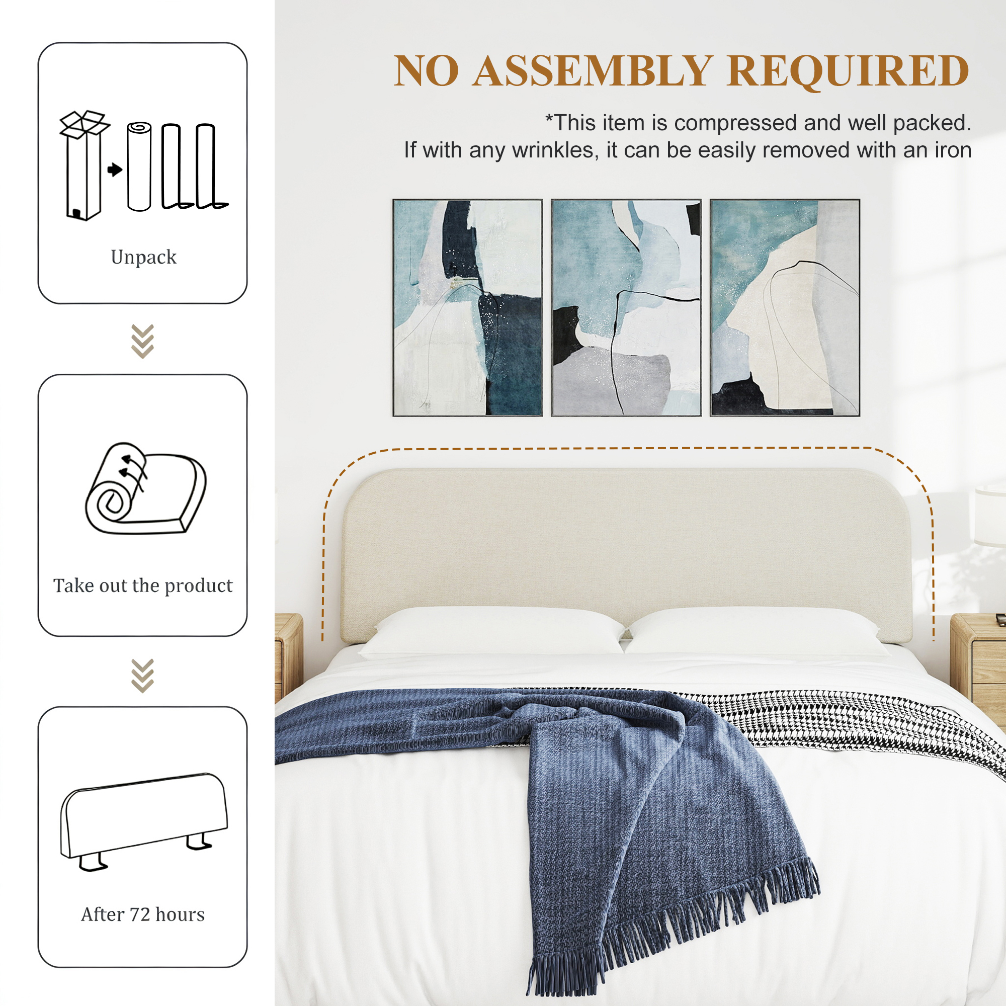 King Size No-Assembly 6" Thick Upholstered T-Shaped Headboard, Soft Linen Padded Wedge Backrest for Platform Beds & Metal Bed Frames, Fits 6"-15" Mattresses, Headboard Only- Beige