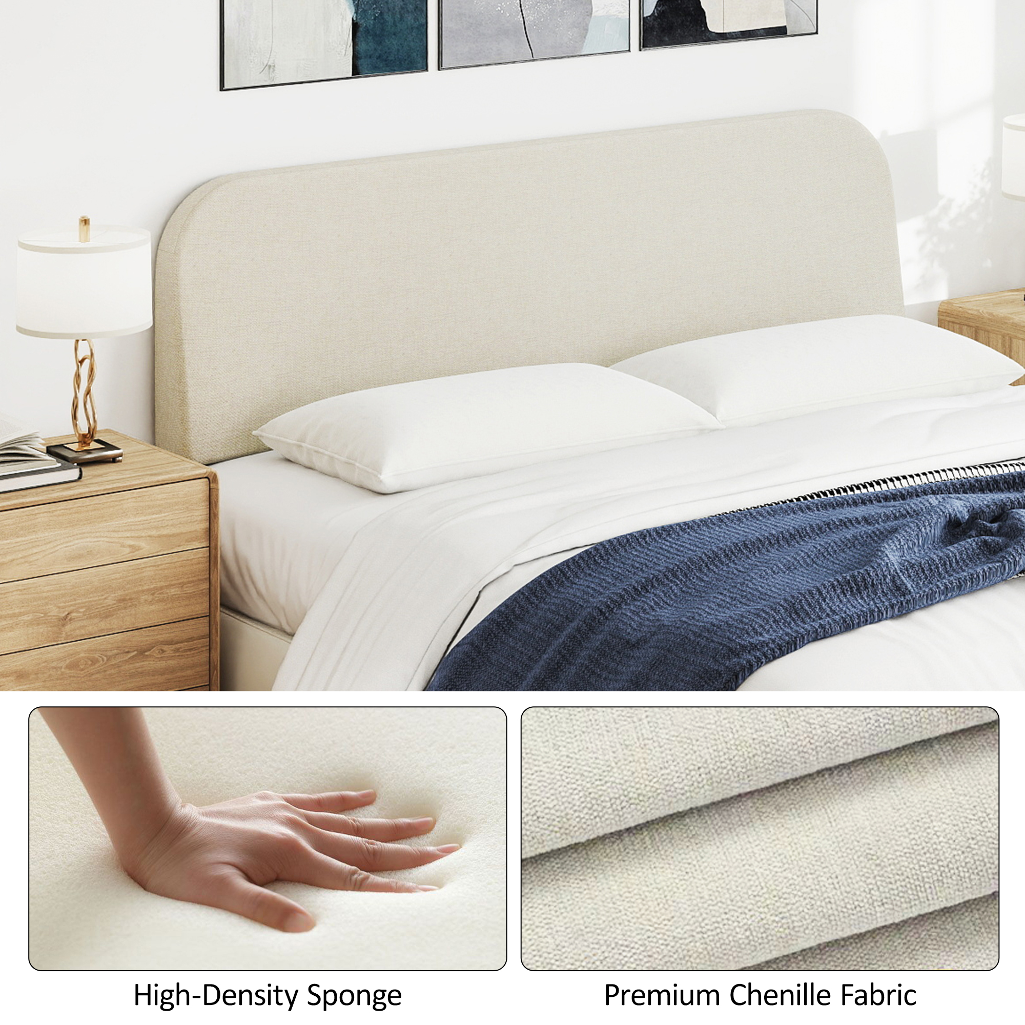 King Size No-Assembly 6" Thick Upholstered T-Shaped Headboard, Soft Linen Padded Wedge Backrest for Platform Beds & Metal Bed Frames, Fits 6"-15" Mattresses, Headboard Only- Beige