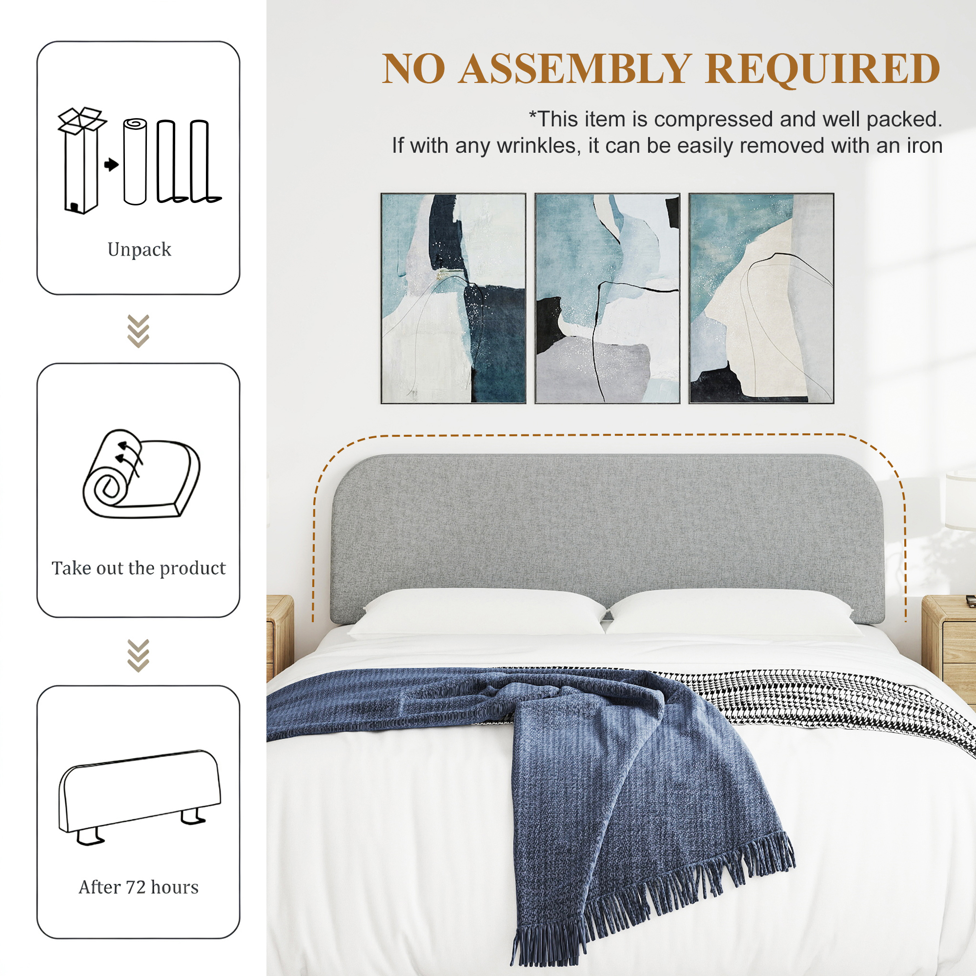 King Size No-Assembly 6" Thick Upholstered T-Shaped Headboard, Soft Linen Padded Wedge Backrest for Platform Beds & Metal Bed Frames, Fits 6"-15" Mattresses, Headboard Only- Light Gray