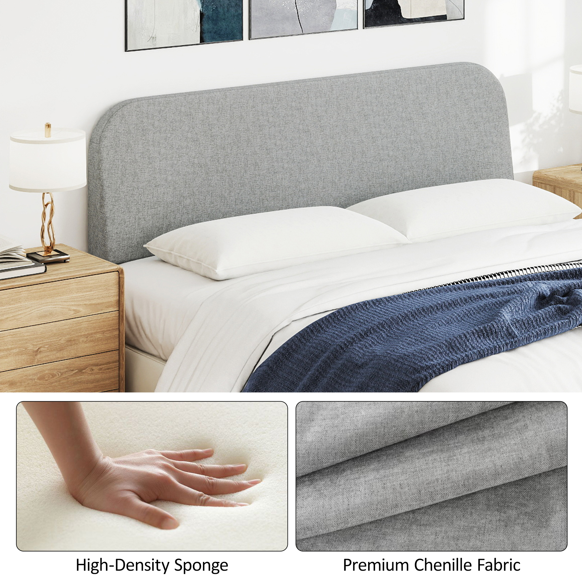 King Size No-Assembly 6" Thick Upholstered T-Shaped Headboard, Soft Linen Padded Wedge Backrest for Platform Beds & Metal Bed Frames, Fits 6"-15" Mattresses, Headboard Only- Light Gray