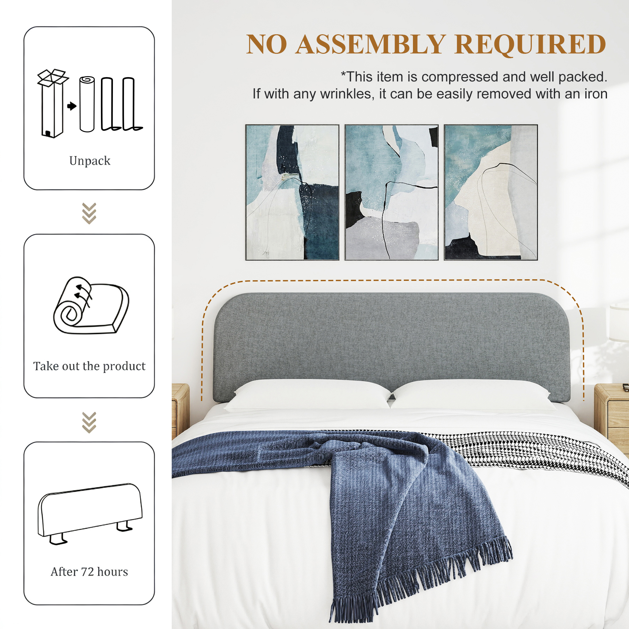 King Size No-Assembly 6" Thick Upholstered T-Shaped Headboard, Soft Linen Padded Wedge Backrest for Platform Beds & Metal Bed Frames, Fits 6"-15" Mattresses, Headboard Only- Dark Gray