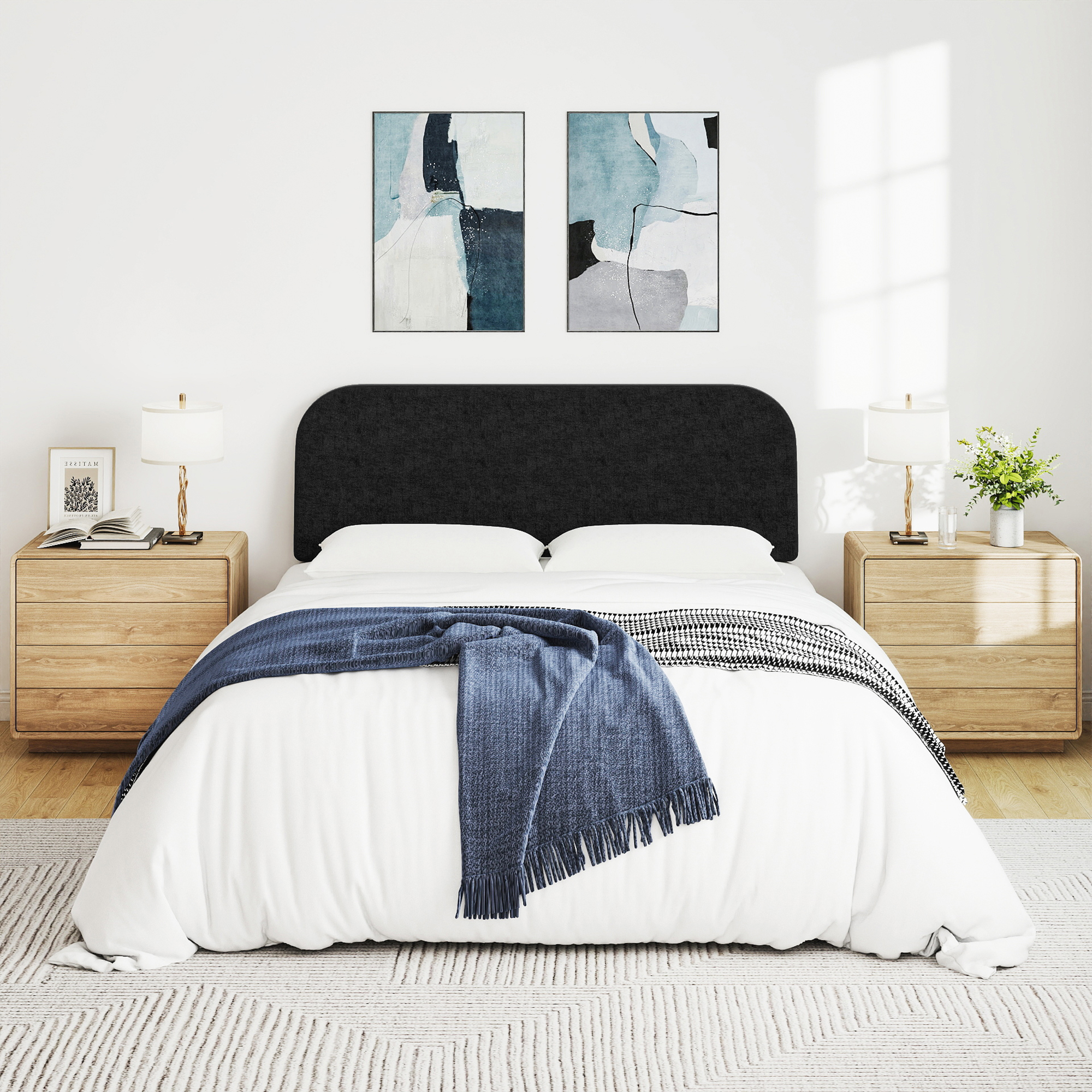 Queen Size No-Assembly 6" Thick Upholstered T-Shaped Headboard, Soft Linen Padded Wedge Backrest for Platform Beds & Metal Bed Frames, Fits 6"-15" Mattresses, Headboard Only- Black