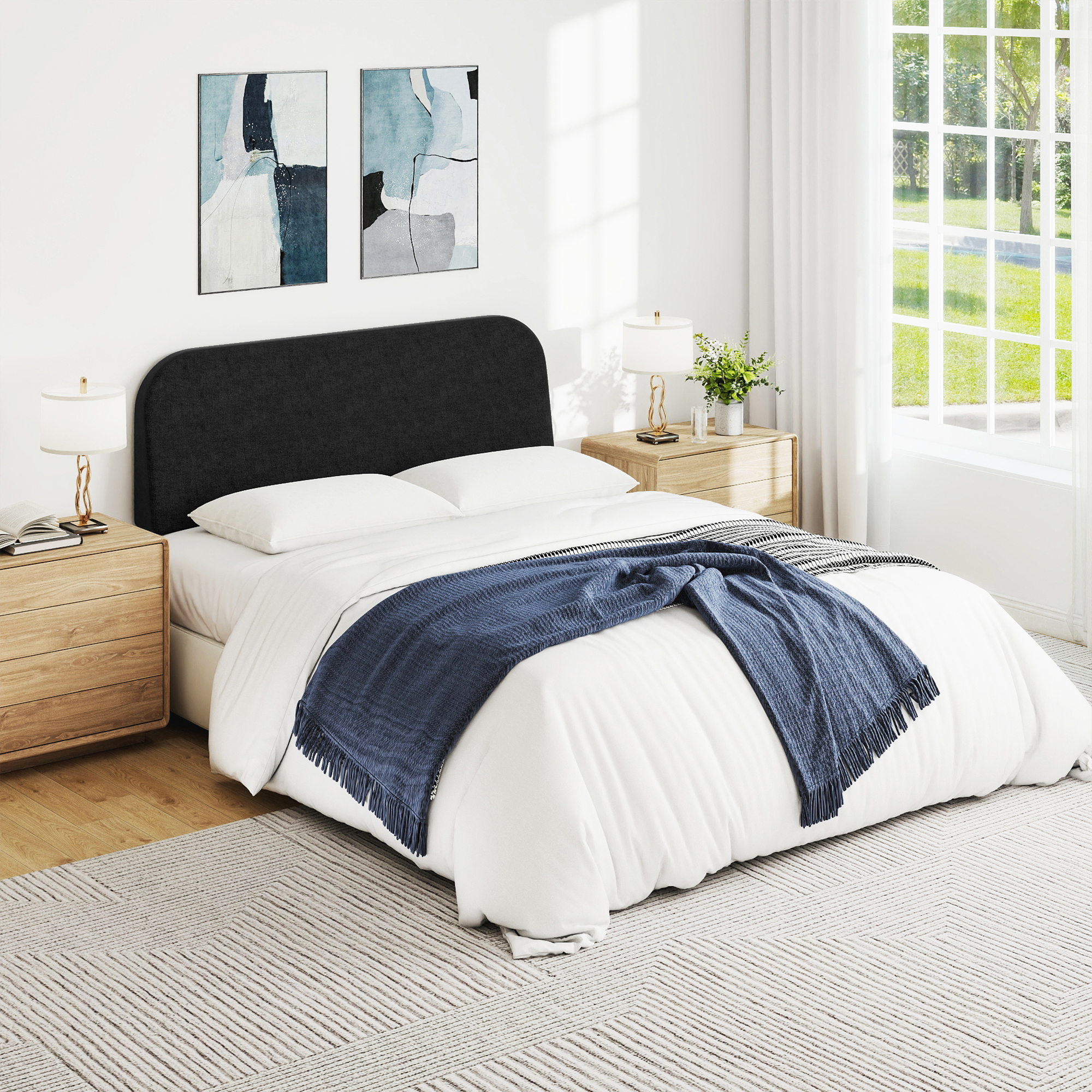 Queen Size No-Assembly 6" Thick Upholstered T-Shaped Headboard, Soft Linen Padded Wedge Backrest for Platform Beds & Metal Bed Frames, Fits 6"-15" Mattresses, Headboard Only- Black