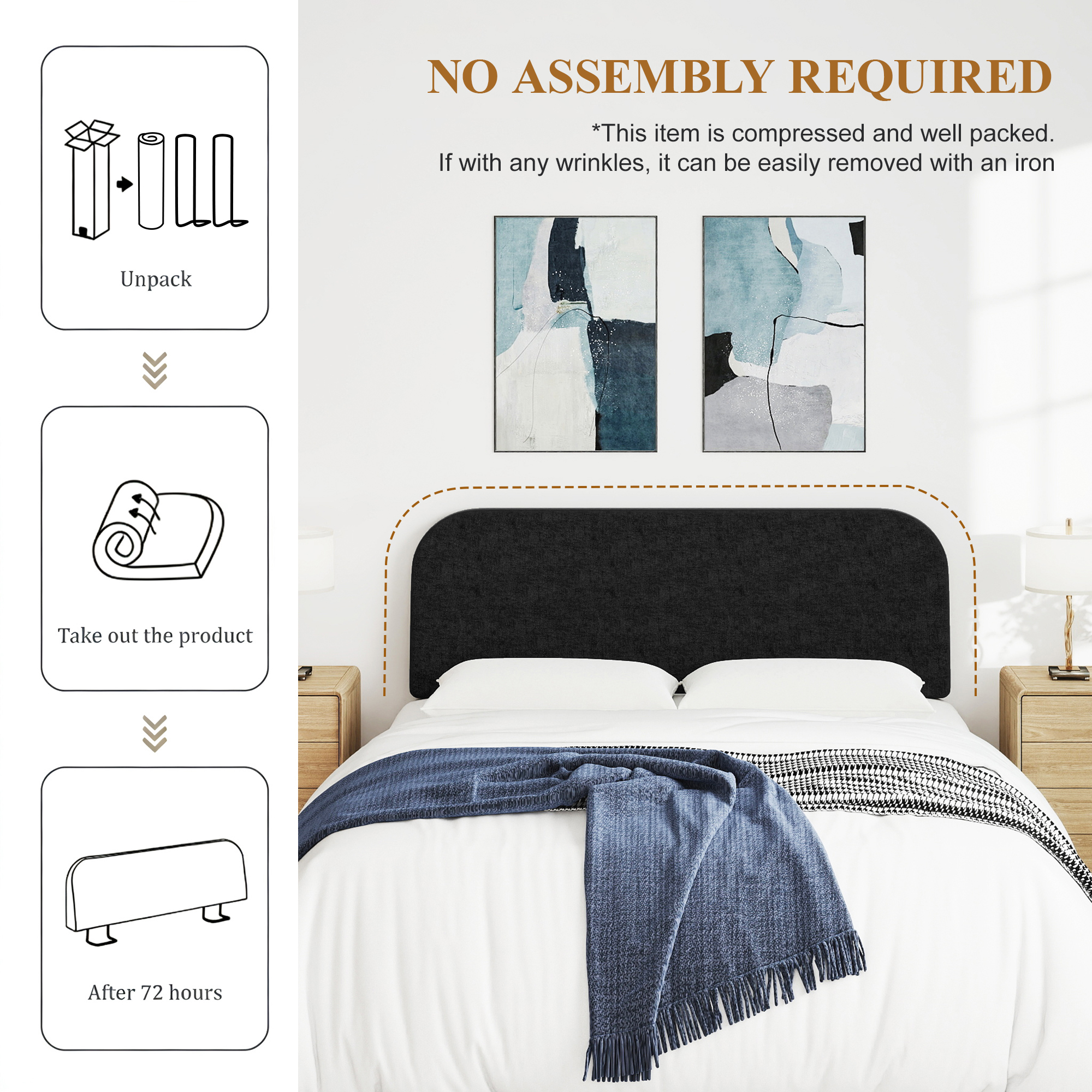 Queen Size No-Assembly 6" Thick Upholstered T-Shaped Headboard, Soft Linen Padded Wedge Backrest for Platform Beds & Metal Bed Frames, Fits 6"-15" Mattresses, Headboard Only- Black