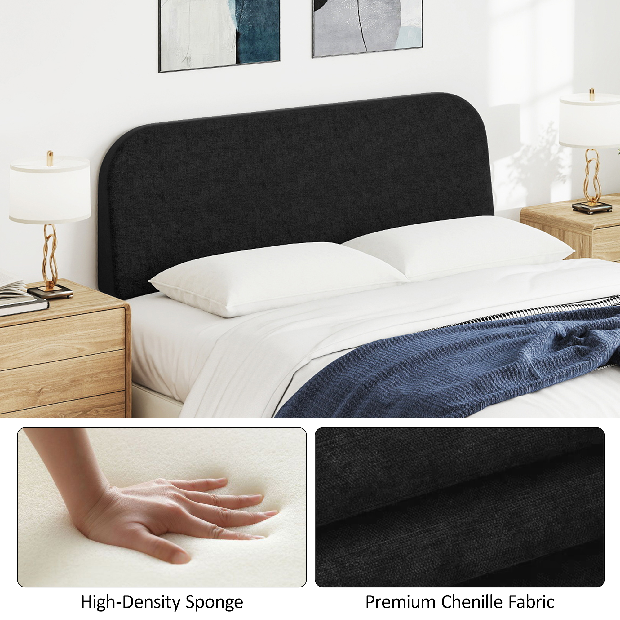 Queen Size No-Assembly 6" Thick Upholstered T-Shaped Headboard, Soft Linen Padded Wedge Backrest for Platform Beds & Metal Bed Frames, Fits 6"-15" Mattresses, Headboard Only- Black