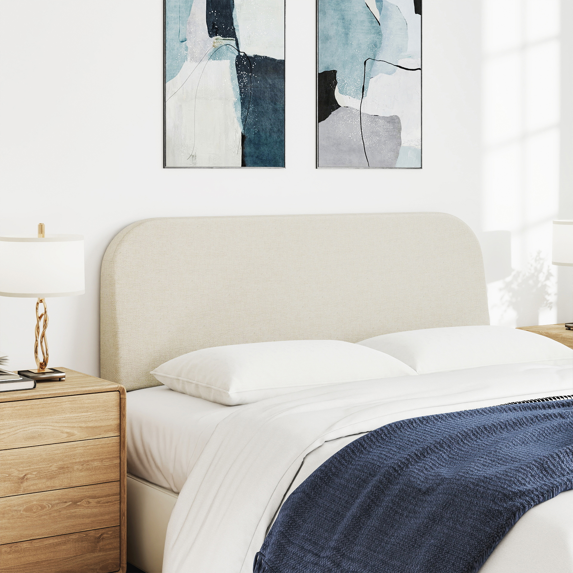 Queen Size No-Assembly 6" Thick Upholstered T-Shaped Headboard, Soft Linen Padded Wedge Backrest for Platform Beds & Metal Bed Frames, Fits 6"-15" Mattresses, Headboard Only- Beige
