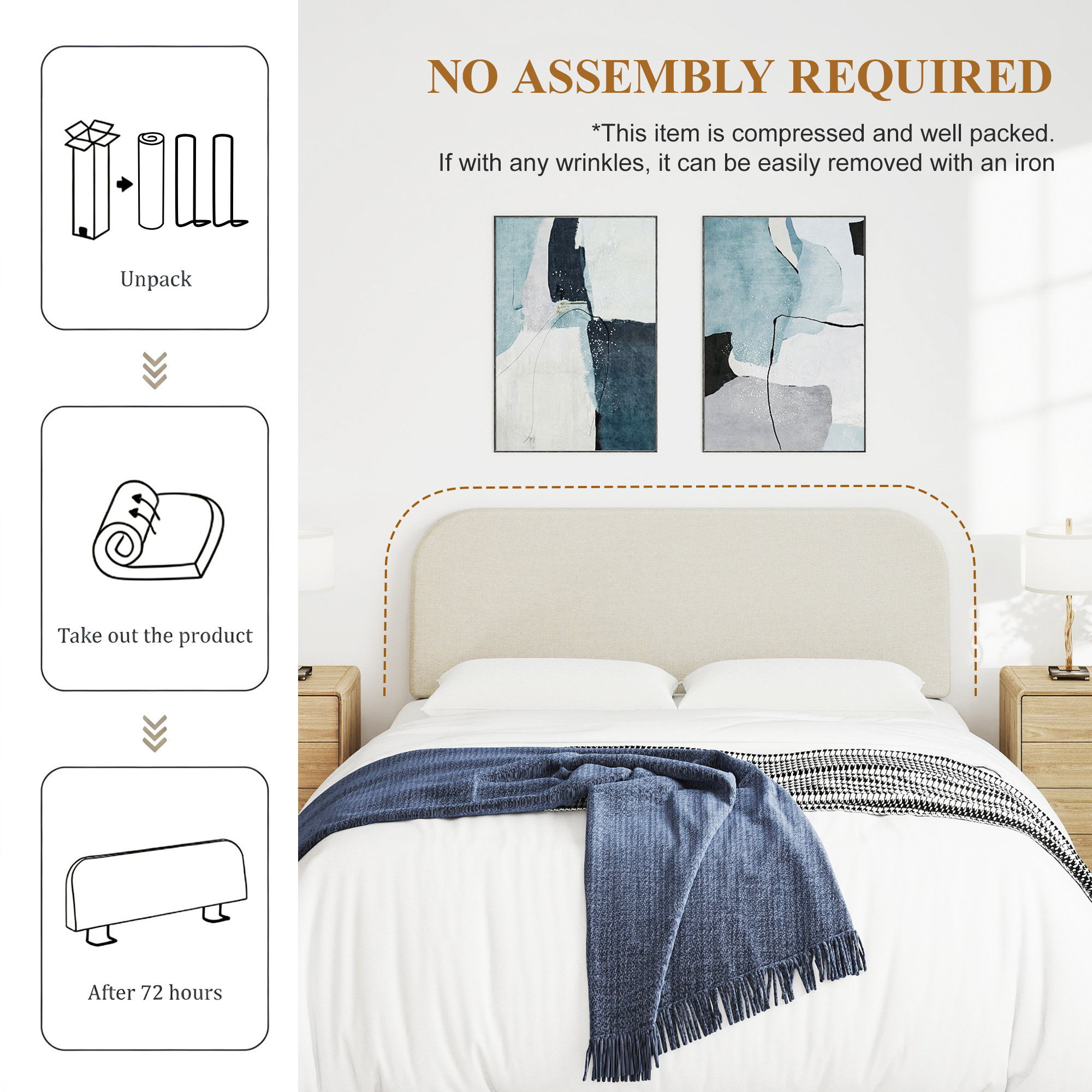 Queen Size No-Assembly 6" Thick Upholstered T-Shaped Headboard, Soft Linen Padded Wedge Backrest for Platform Beds & Metal Bed Frames, Fits 6"-15" Mattresses, Headboard Only- Beige