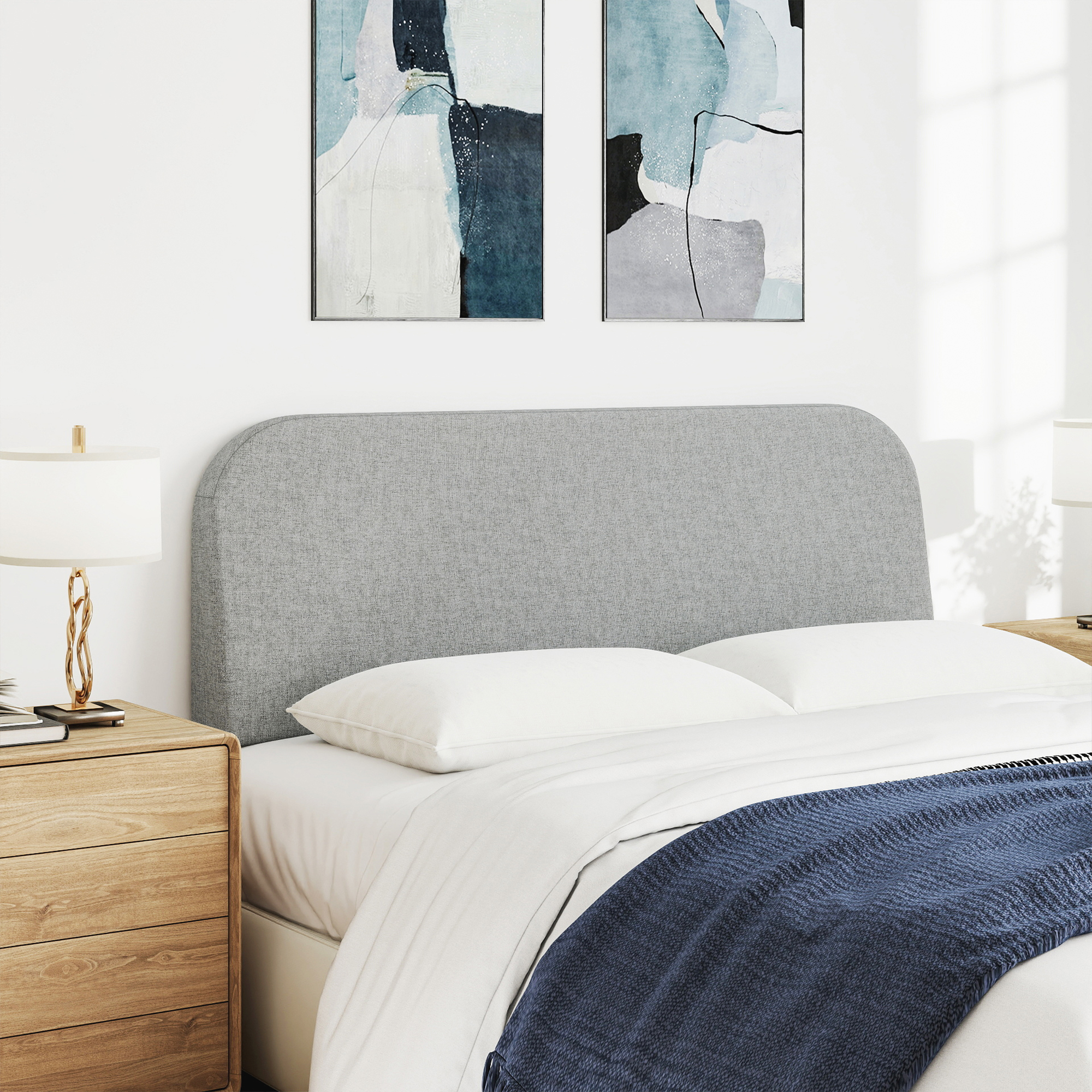 Queen Size No-Assembly 6" Thick Upholstered T-Shaped Headboard, Soft Linen Padded Wedge Backrest for Platform Beds & Metal Bed Frames, Fits 6"-15" Mattresses, Headboard Only- Light Gray