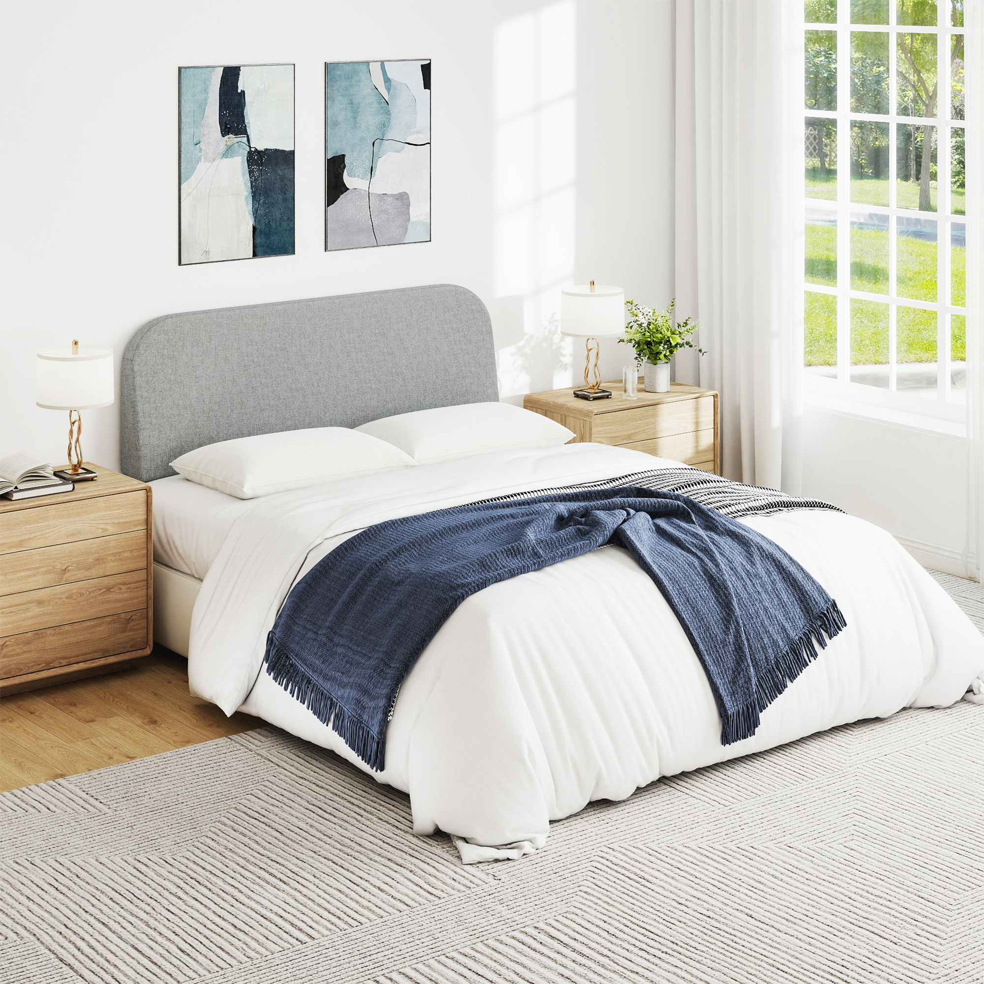 Queen Size No-Assembly 6" Thick Upholstered T-Shaped Headboard, Soft Linen Padded Wedge Backrest for Platform Beds & Metal Bed Frames, Fits 6"-15" Mattresses, Headboard Only- Light Gray