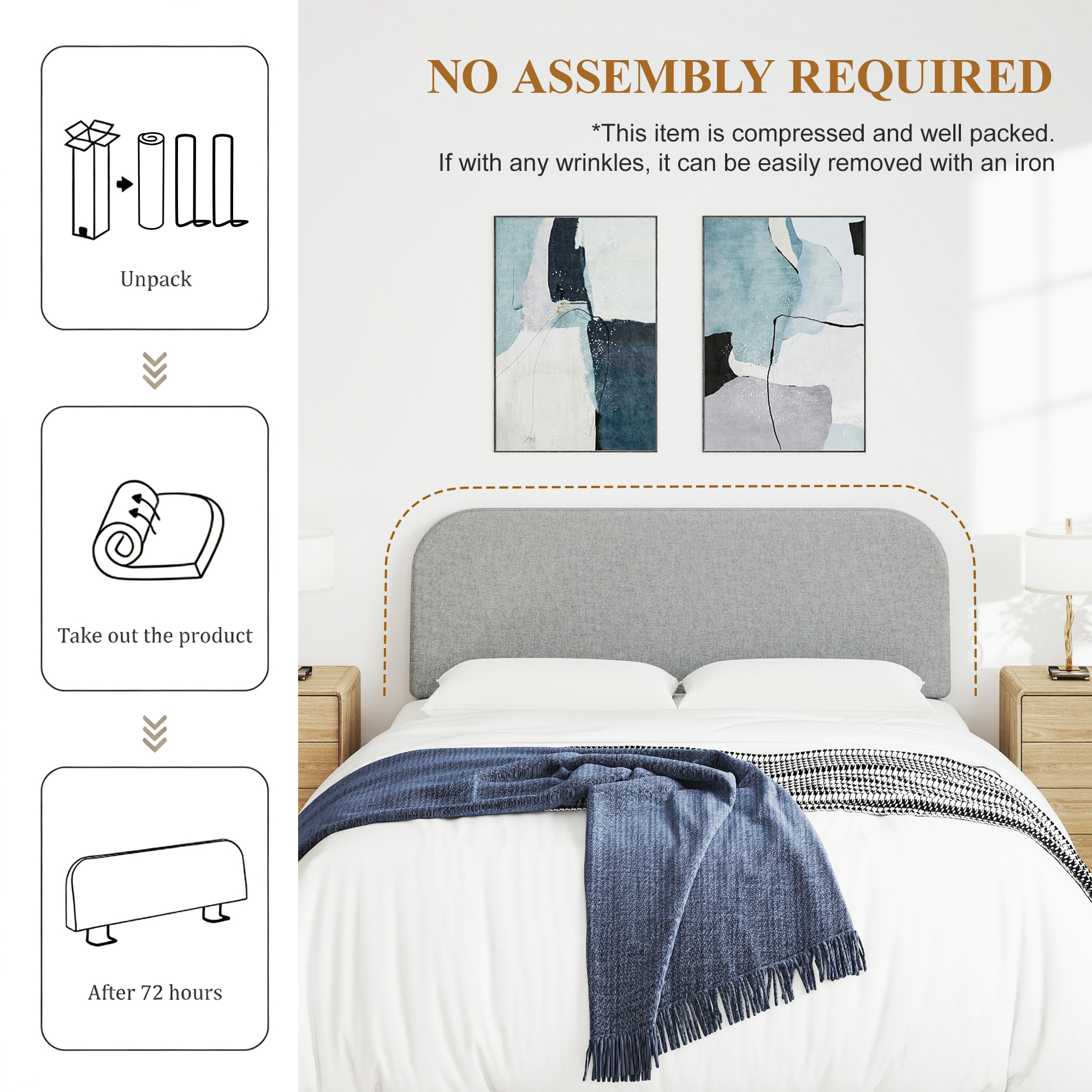 Queen Size No-Assembly 6" Thick Upholstered T-Shaped Headboard, Soft Linen Padded Wedge Backrest for Platform Beds & Metal Bed Frames, Fits 6"-15" Mattresses, Headboard Only- Light Gray