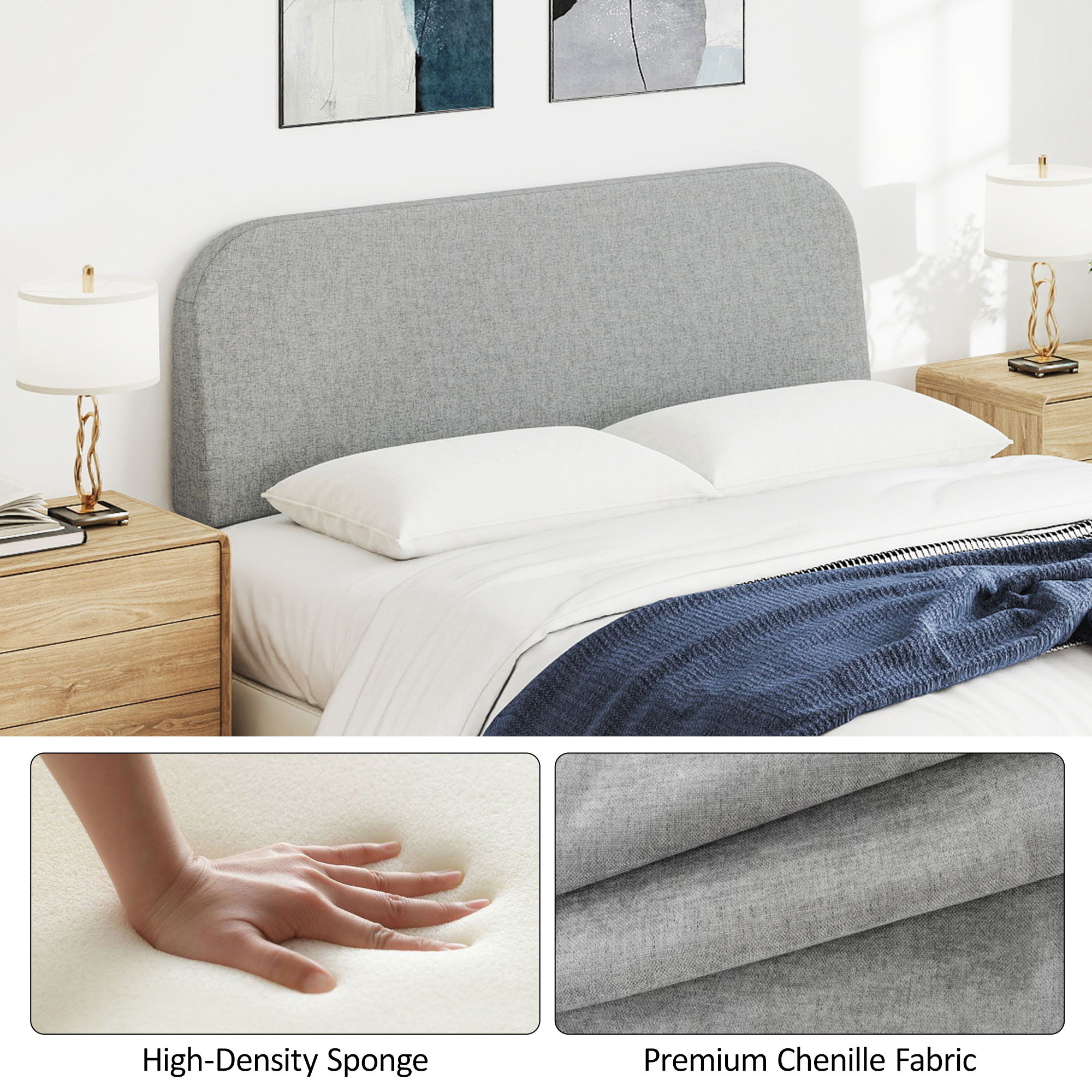 Queen Size No-Assembly 6" Thick Upholstered T-Shaped Headboard, Soft Linen Padded Wedge Backrest for Platform Beds & Metal Bed Frames, Fits 6"-15" Mattresses, Headboard Only- Light Gray