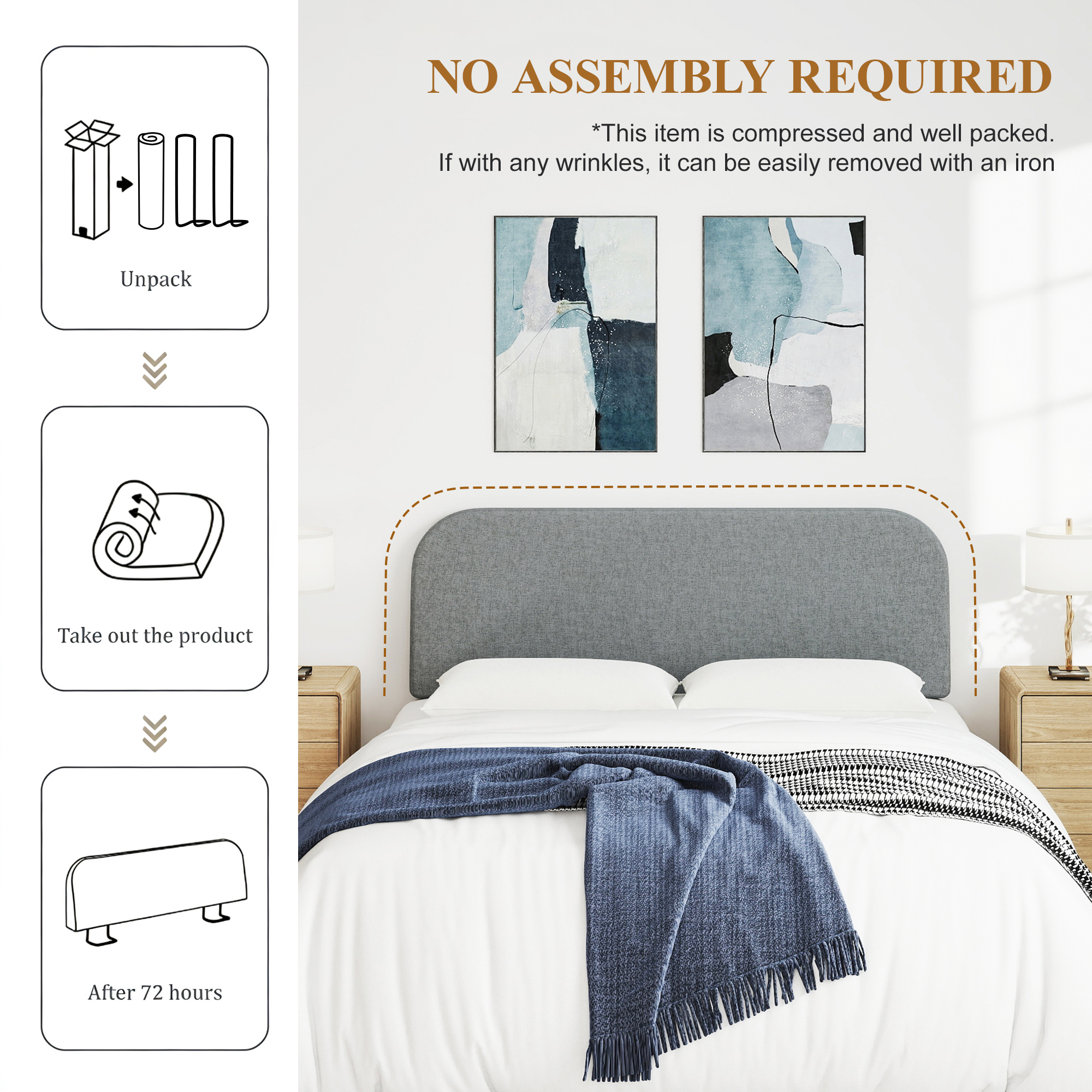 Queen Size No-Assembly 6" Thick Upholstered T-Shaped Headboard, Soft Linen Padded Wedge Backrest for Platform Beds & Metal Bed Frames, Fits 6"-15" Mattresses, Headboard Only- Dark Gray