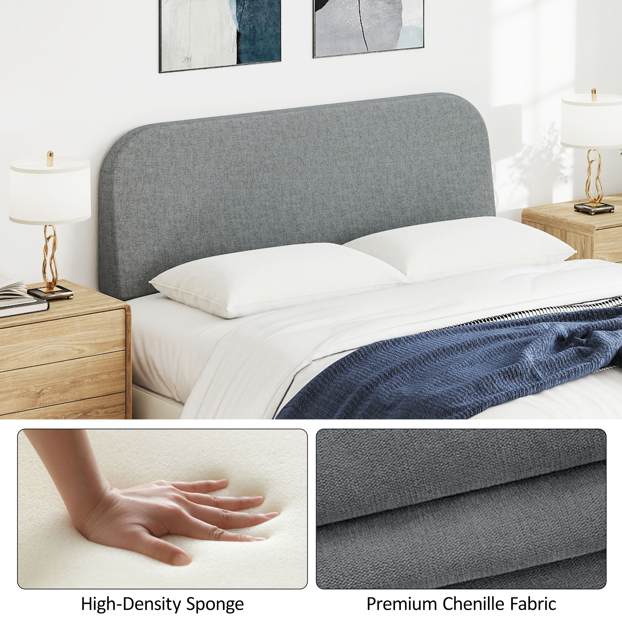 Queen Size No-Assembly 6" Thick Upholstered T-Shaped Headboard, Soft Linen Padded Wedge Backrest for Platform Beds & Metal Bed Frames, Fits 6"-15" Mattresses, Headboard Only- Dark Gray