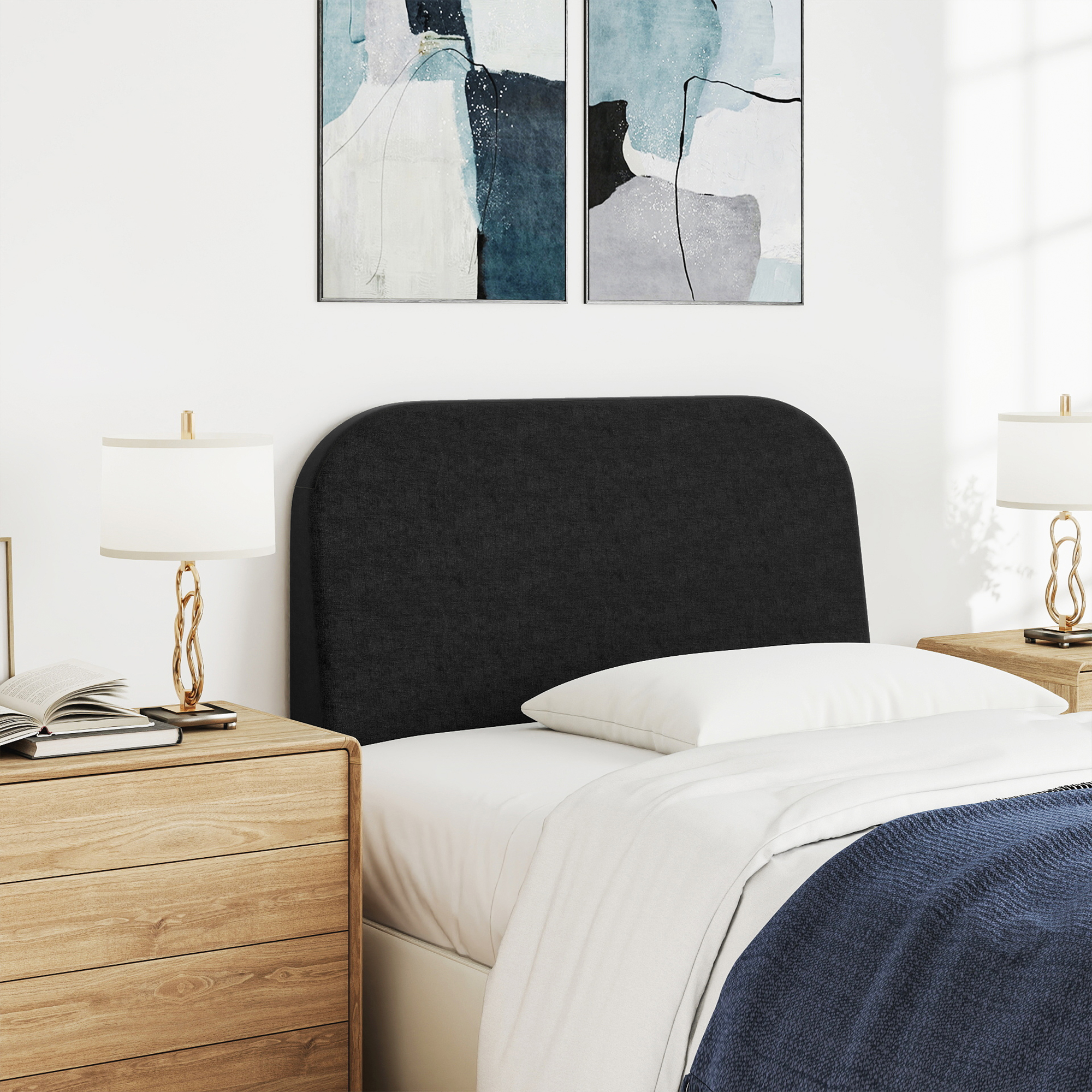 Twin Size No-Assembly 6" Thick Upholstered T-Shaped Headboard, Soft Linen Padded Wedge Backrest for Platform Beds & Metal Bed Frames, Fits 6"-15" Mattresses, Headboard Only- Black