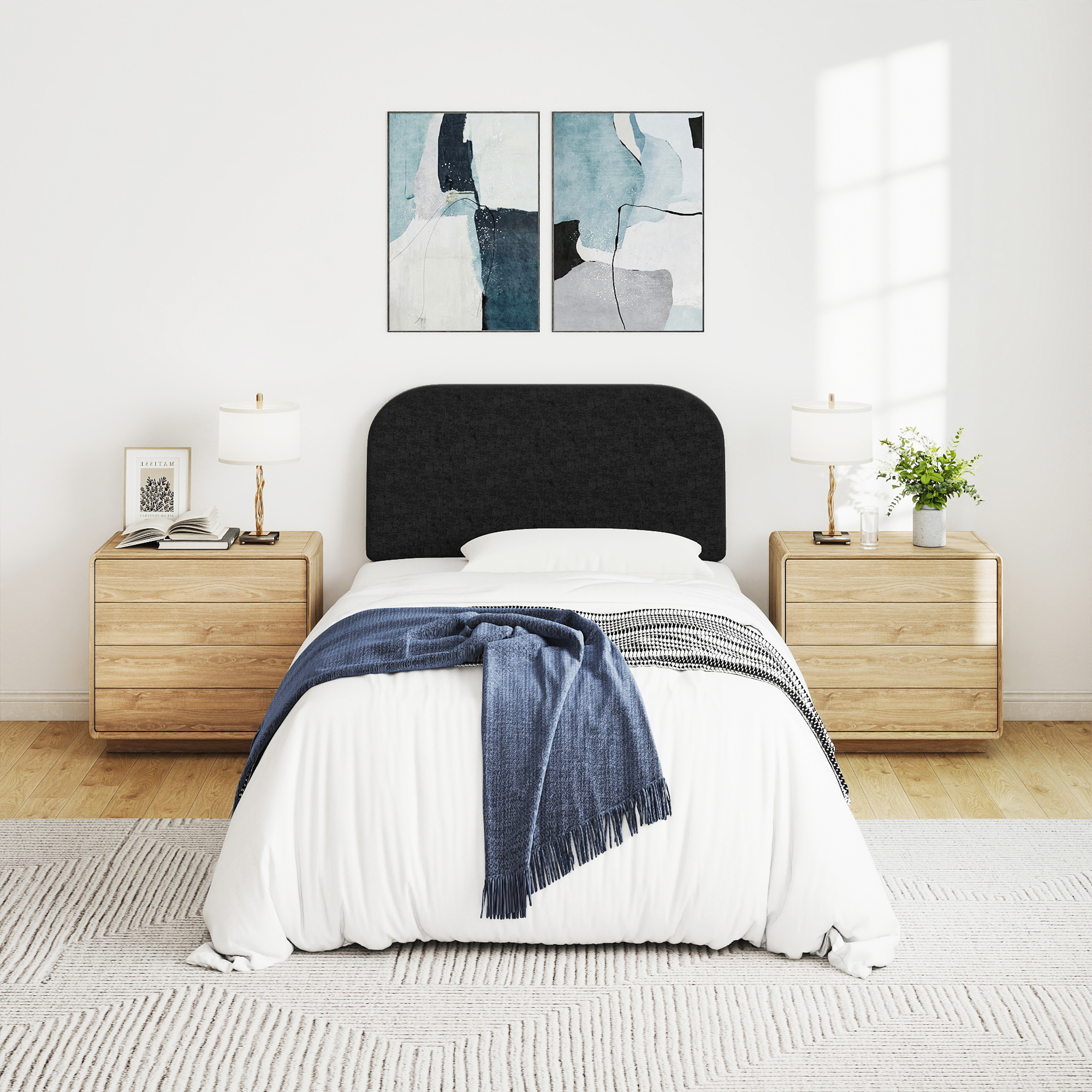 Twin Size No-Assembly 6" Thick Upholstered T-Shaped Headboard, Soft Linen Padded Wedge Backrest for Platform Beds & Metal Bed Frames, Fits 6"-15" Mattresses, Headboard Only- Black