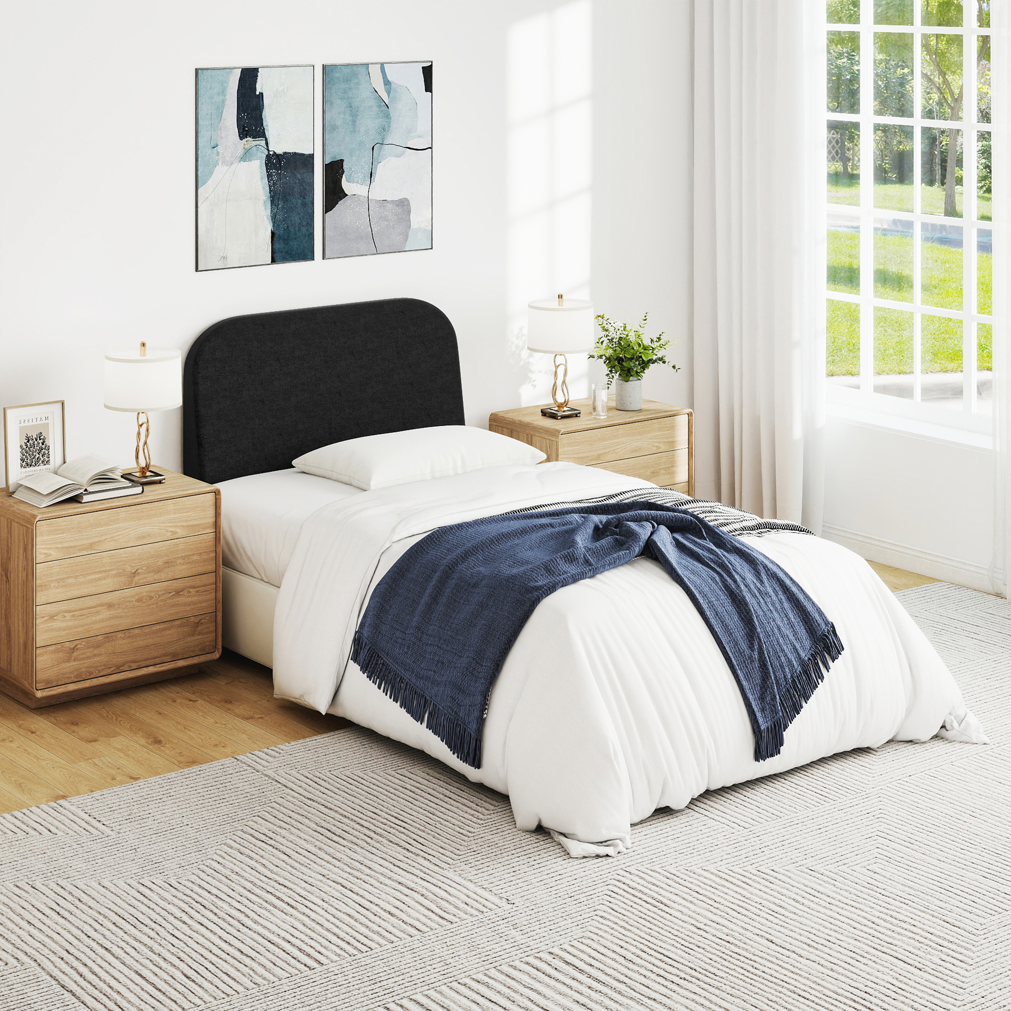 Twin Size No-Assembly 6" Thick Upholstered T-Shaped Headboard, Soft Linen Padded Wedge Backrest for Platform Beds & Metal Bed Frames, Fits 6"-15" Mattresses, Headboard Only- Black