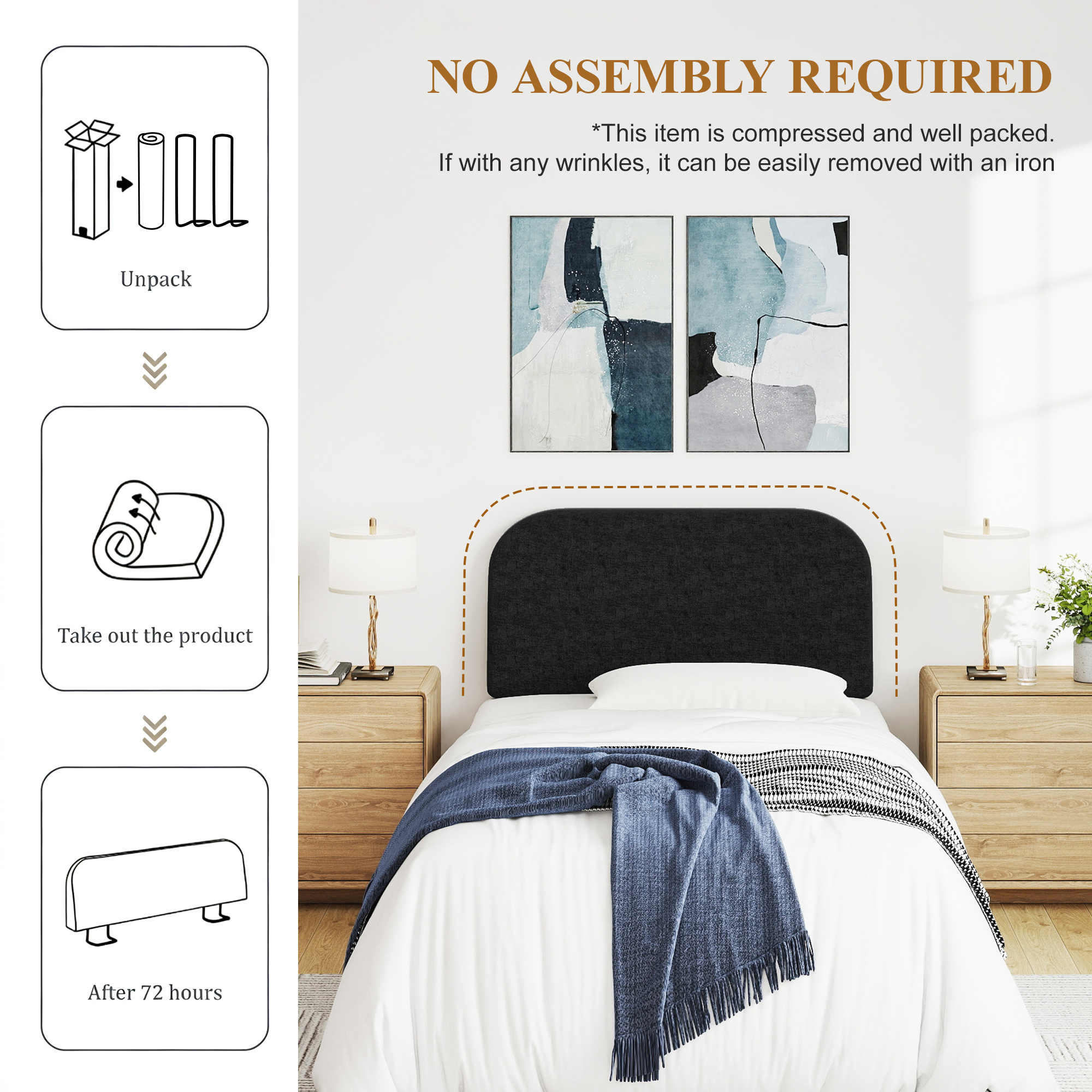 Twin Size No-Assembly 6" Thick Upholstered T-Shaped Headboard, Soft Linen Padded Wedge Backrest for Platform Beds & Metal Bed Frames, Fits 6"-15" Mattresses, Headboard Only- Black