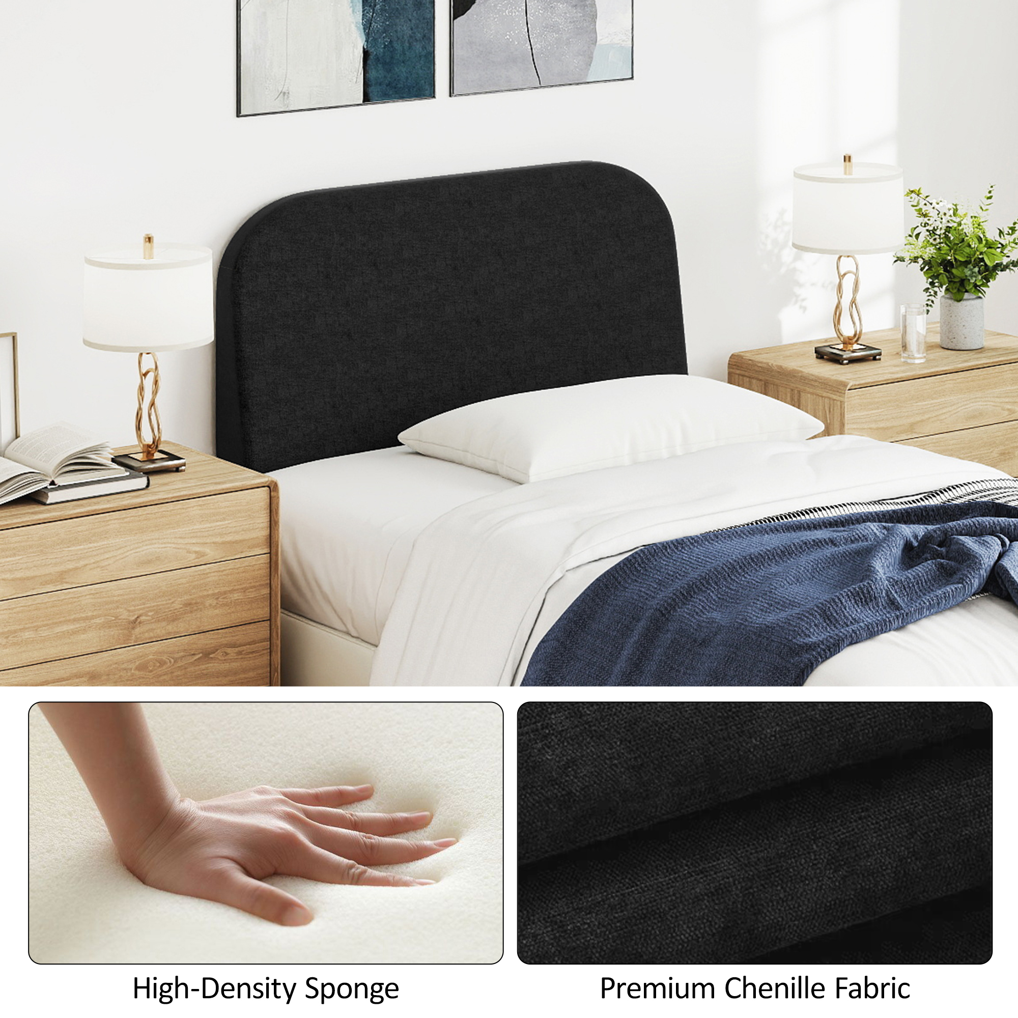 Twin Size No-Assembly 6" Thick Upholstered T-Shaped Headboard, Soft Linen Padded Wedge Backrest for Platform Beds & Metal Bed Frames, Fits 6"-15" Mattresses, Headboard Only- Black