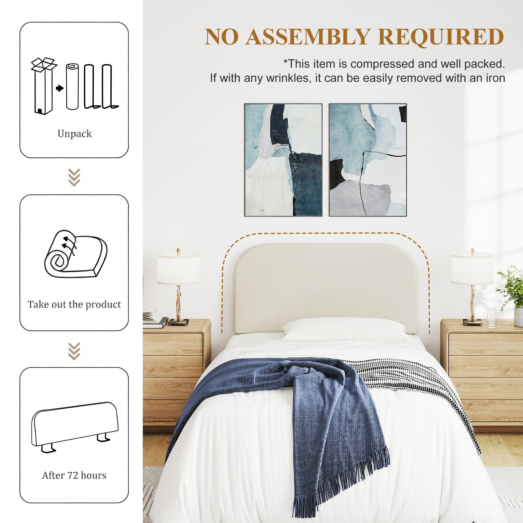 Twin Size No-Assembly 6" Thick Upholstered T-Shaped Headboard, Soft Linen Padded Wedge Backrest for Platform Beds & Metal Bed Frames, Fits 6"-15" Mattresses, Headboard Only- Light Gray