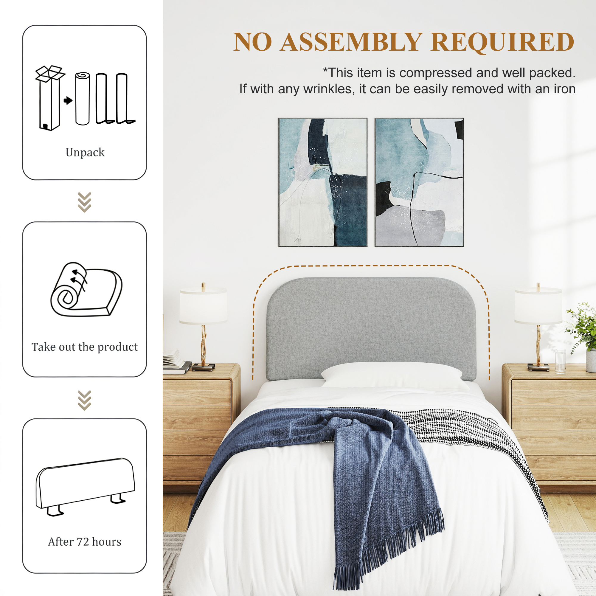 Twin Size No-Assembly 6" Thick Upholstered T-Shaped Headboard, Soft Linen Padded Wedge Backrest for Platform Beds & Metal Bed Frames, Fits 6"-15" Mattresses, Headboard Only- Light Gray