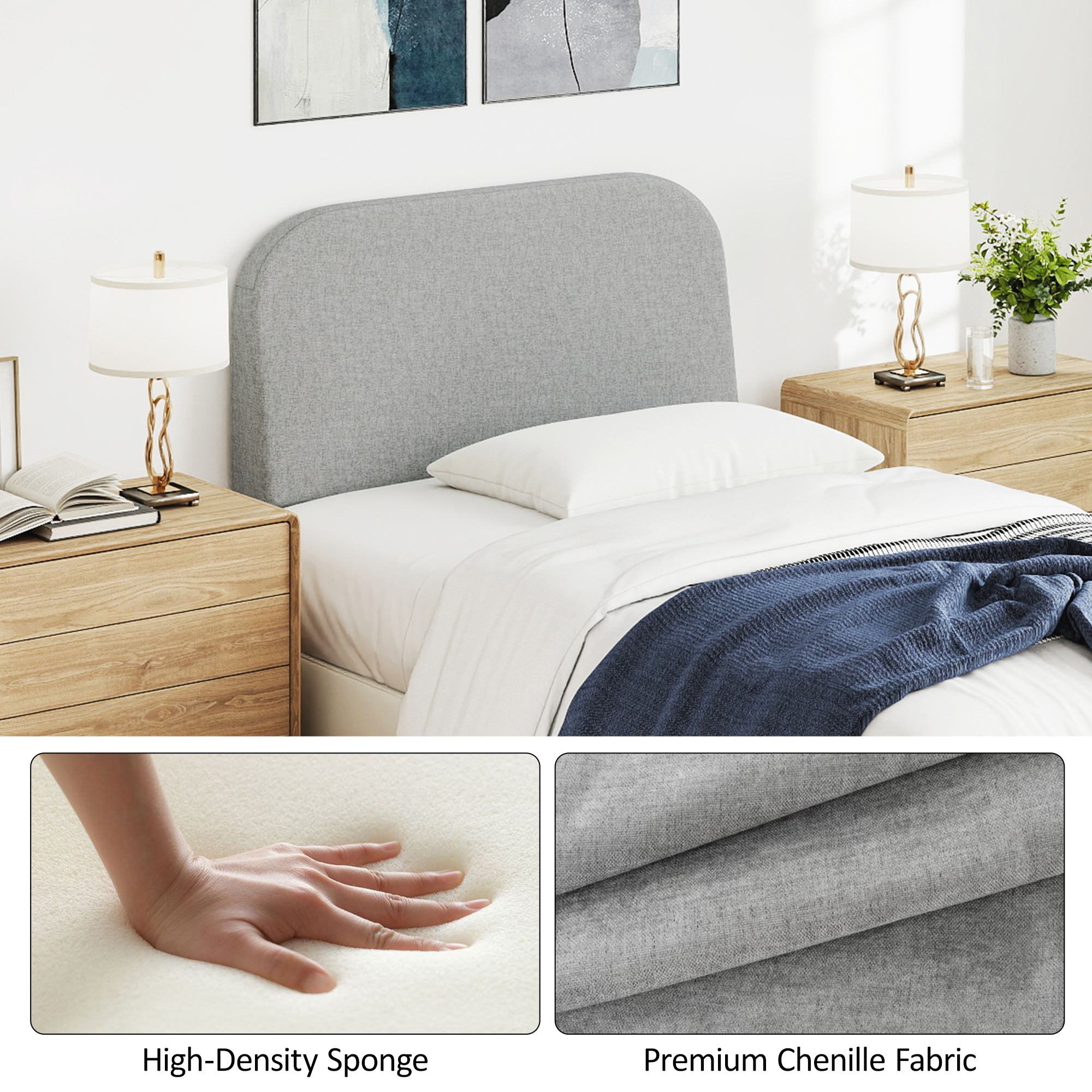 No-Assembly 6" Extra-Thick Upholstered Headboard, T-Shaped Modern Linen Padded Headboard Only