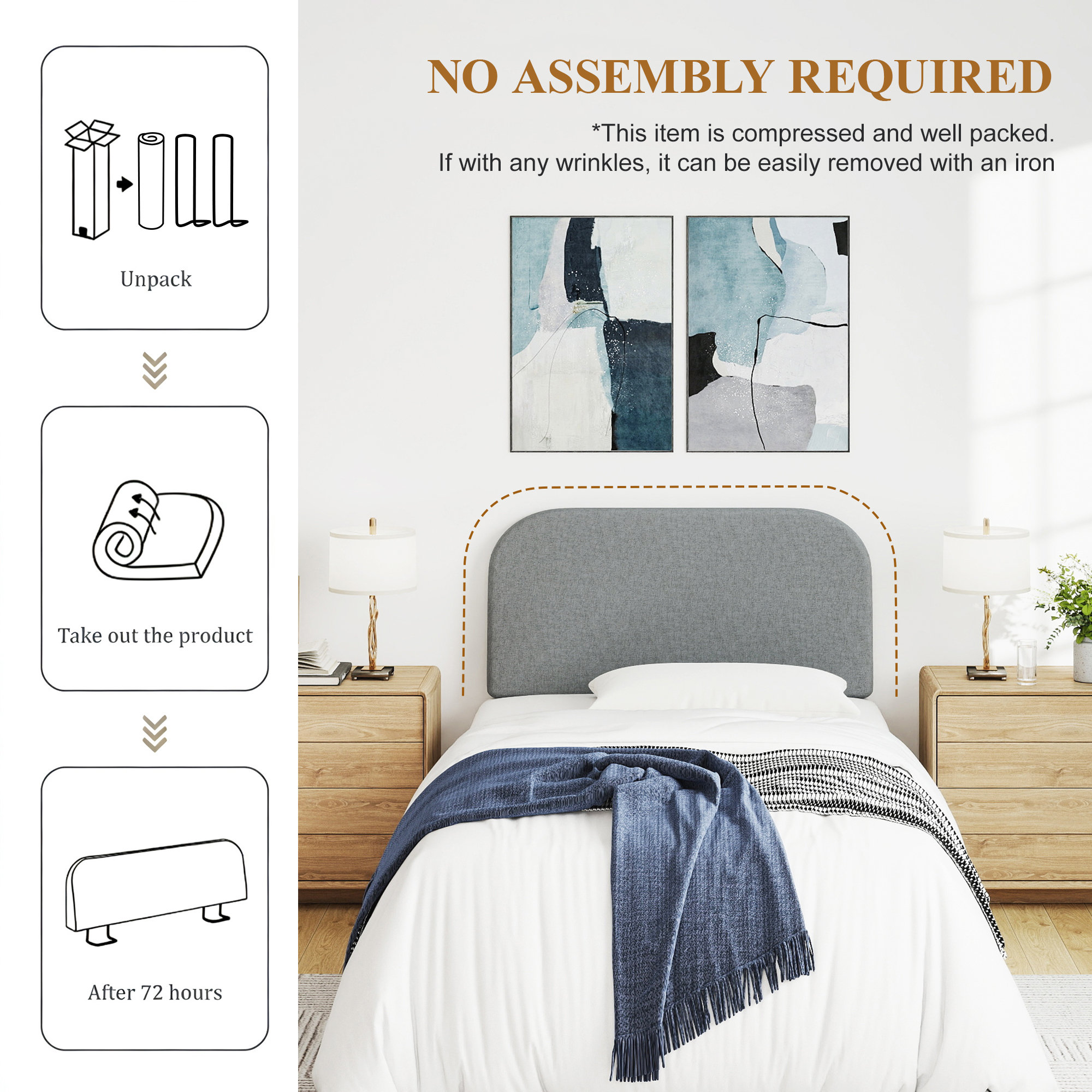 Twin Size No-Assembly 6" Thick Upholstered T-Shaped Headboard, Soft Linen Padded Wedge Backrest for Platform Beds & Metal Bed Frames, Fits 6"-15" Mattresses, Headboard Only- Dark Gray