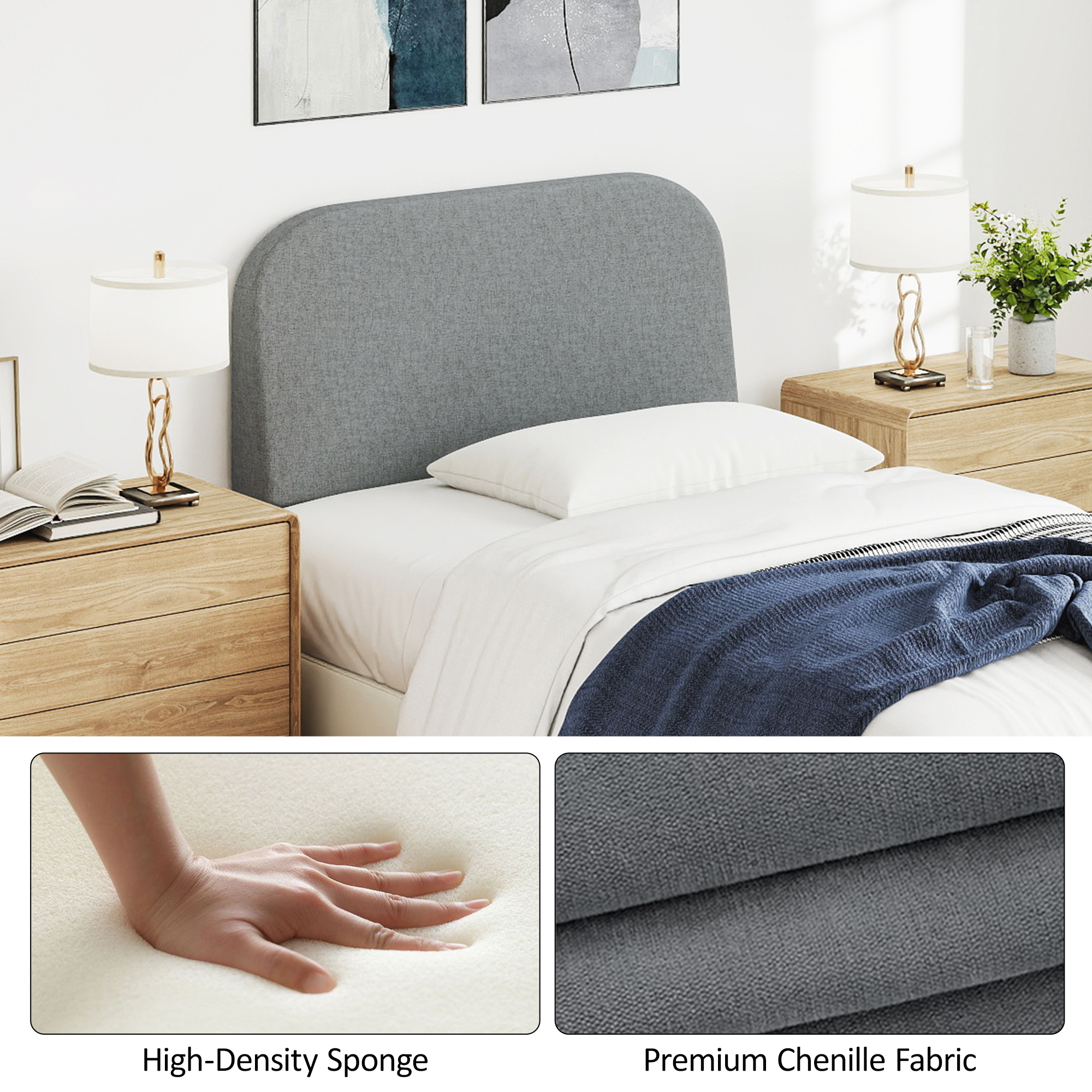 Twin Size No-Assembly 6" Thick Upholstered T-Shaped Headboard, Soft Linen Padded Wedge Backrest for Platform Beds & Metal Bed Frames, Fits 6"-15" Mattresses, Headboard Only- Dark Gray