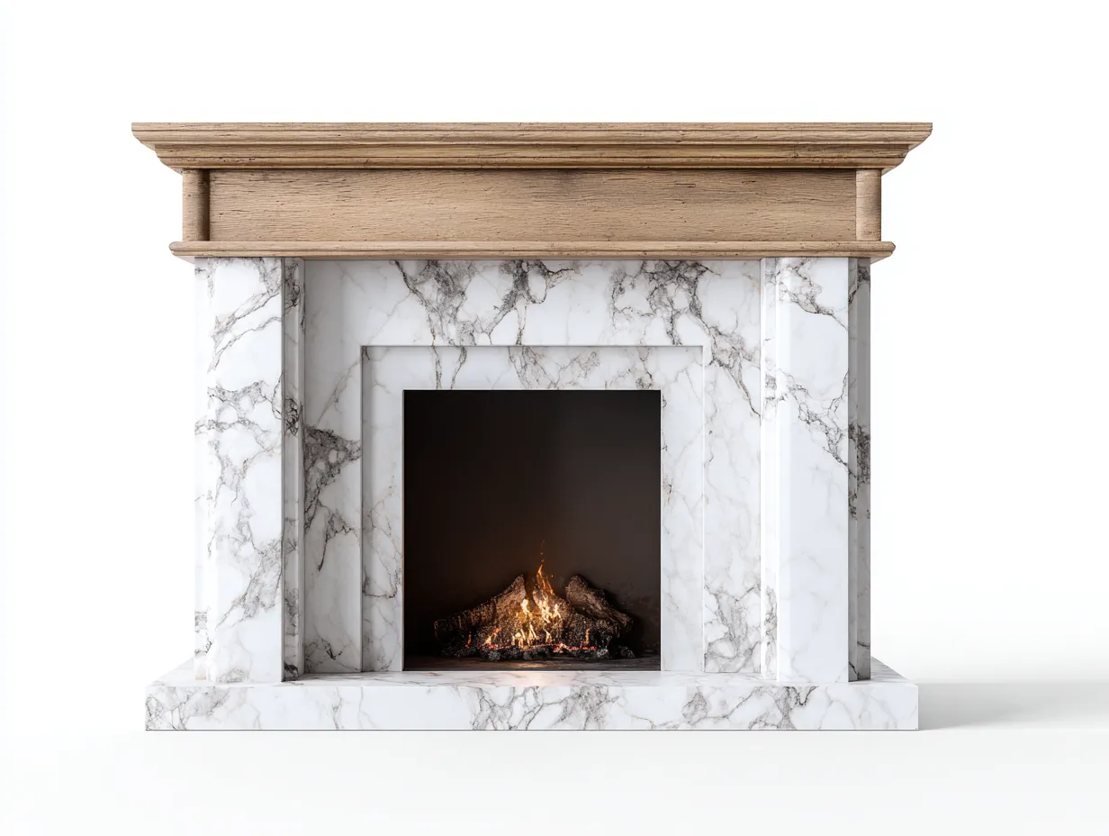 Cheminée électrique - bois-marbre-métal-verre trempé - 138x29x104 cm - beige-blanc - style rustique-Casaupden