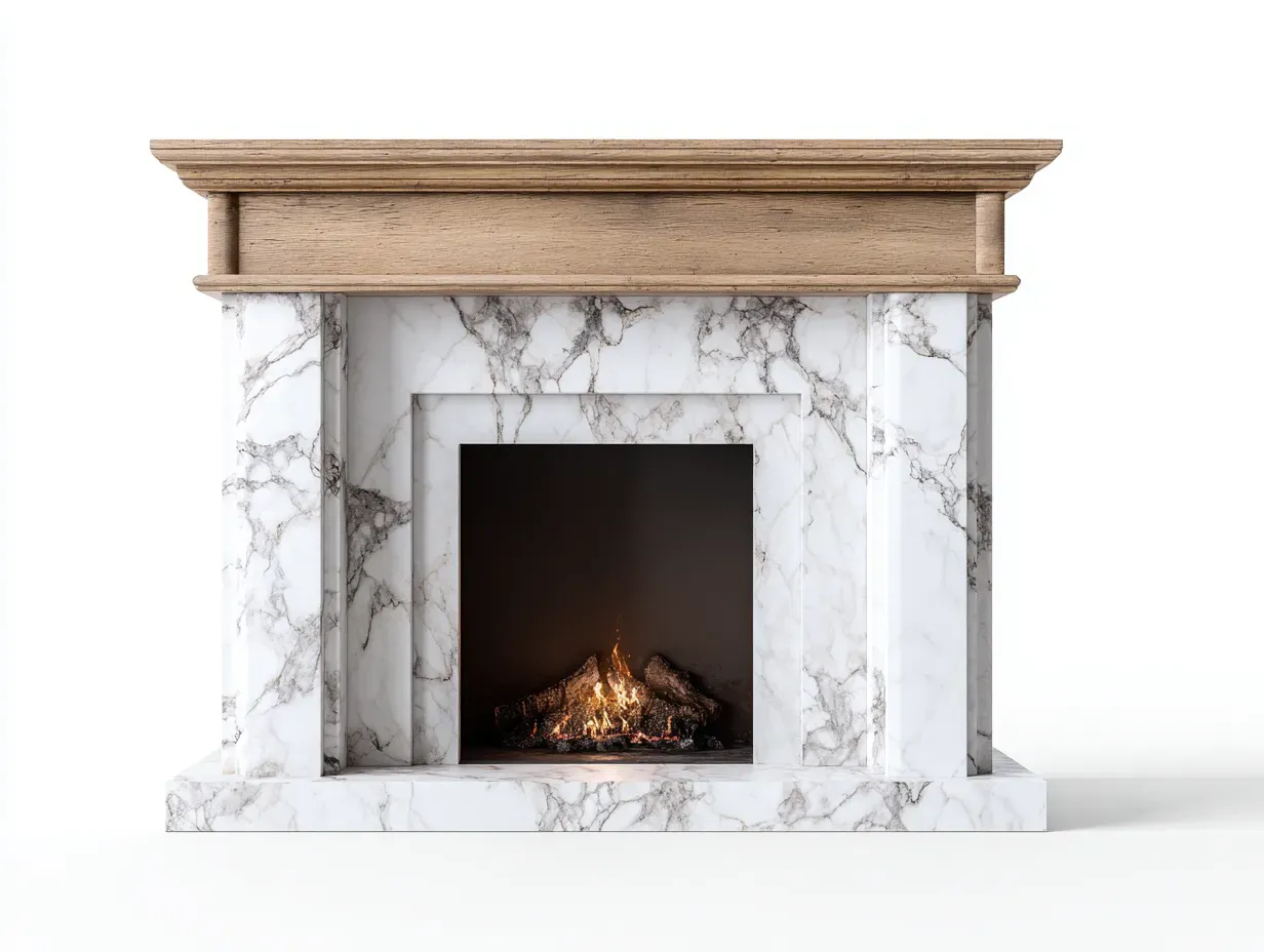 Cheminée électrique - bois-marbre-métal-verre trempé - 138x29x104 cm - beige-blanc - style rustique-Casaupden