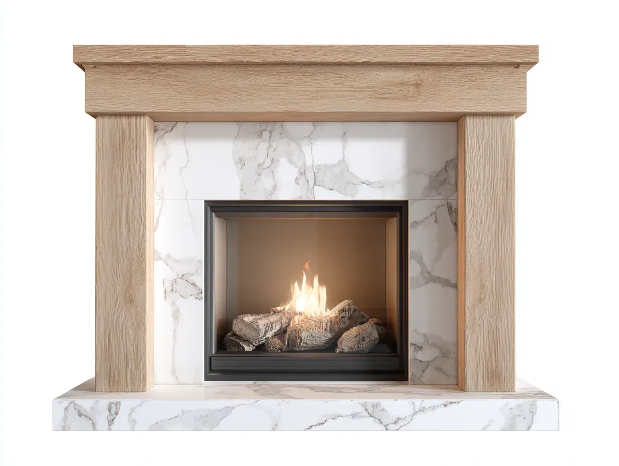 Cheminée électrique - bois-marbre-métal-verre trempé - 130x31x102 cm - beige-blanc-noir - style naturel-Casaupden