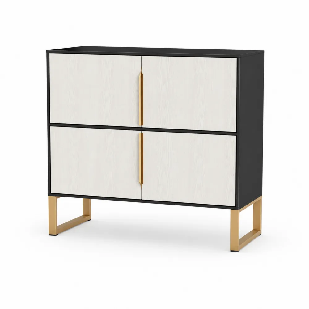 Credenza in MDF con Ante in Legno e Acciaio Nero e Beige 80x35x75 cm-Retrochateaue
