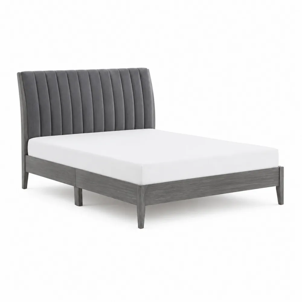 Letto matrimoniale con testiera in velluto grigio e struttura in legno 200x160 cm-Retrochateaue