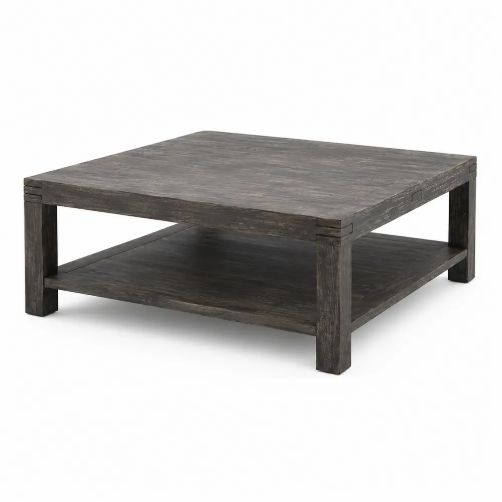 Tavolino da Caffè in Legno di Paulownia Quadrato con Ripiano Inferiore-Retrochateaue