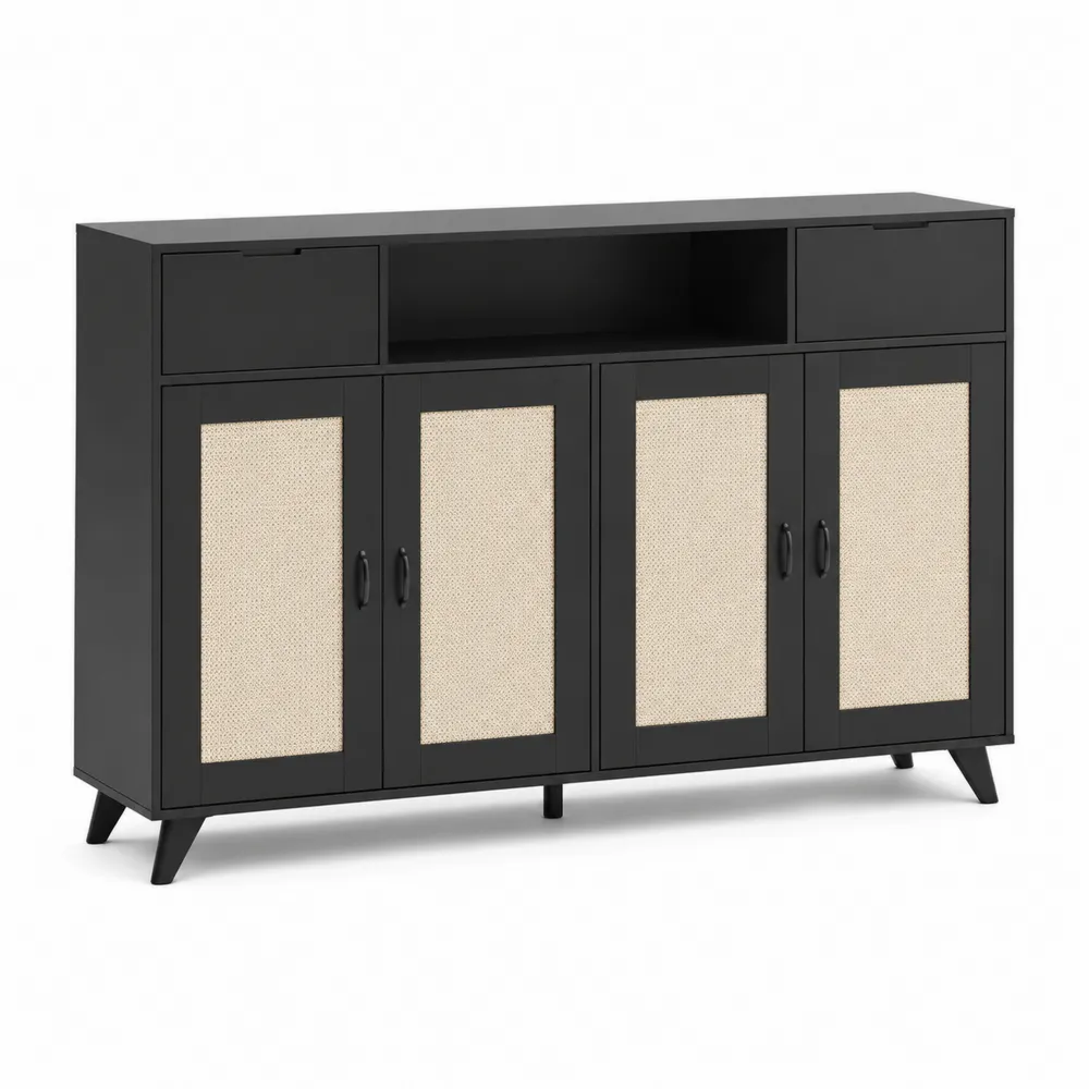 Credenza in legno MDF con ante in rattan e cassetti 120x40x90 cm-Retrochateaue