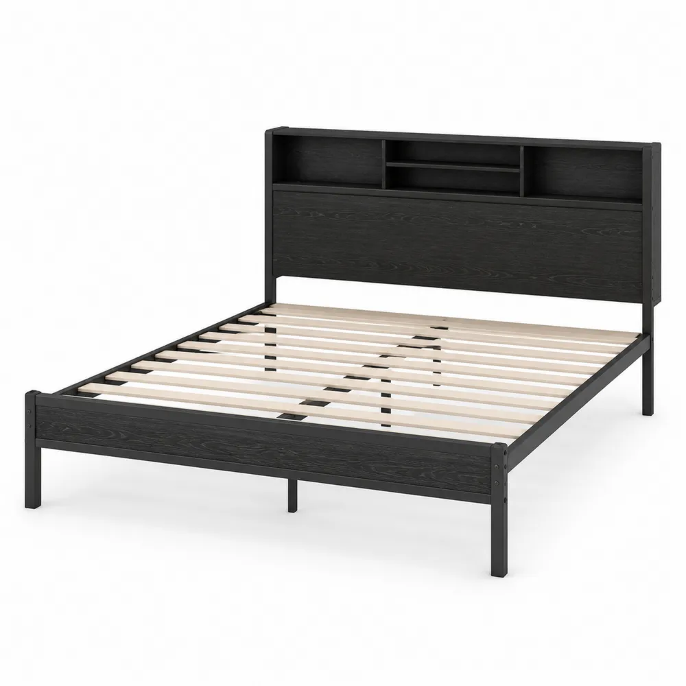 Letto matrimoniale in legno nero con testiera scaffale 200x160 cm-Retrochateaue
